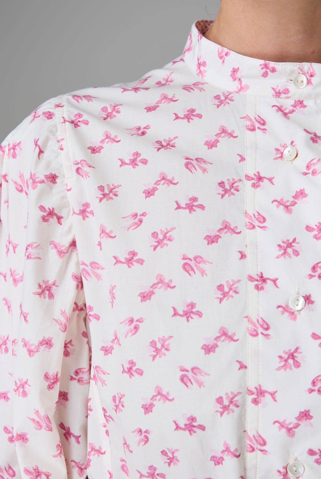 Detail of Yvonne Midi Dress Stuart-Inspired Sleeves Cottage Print Old Rose Hue by Thierry Colson