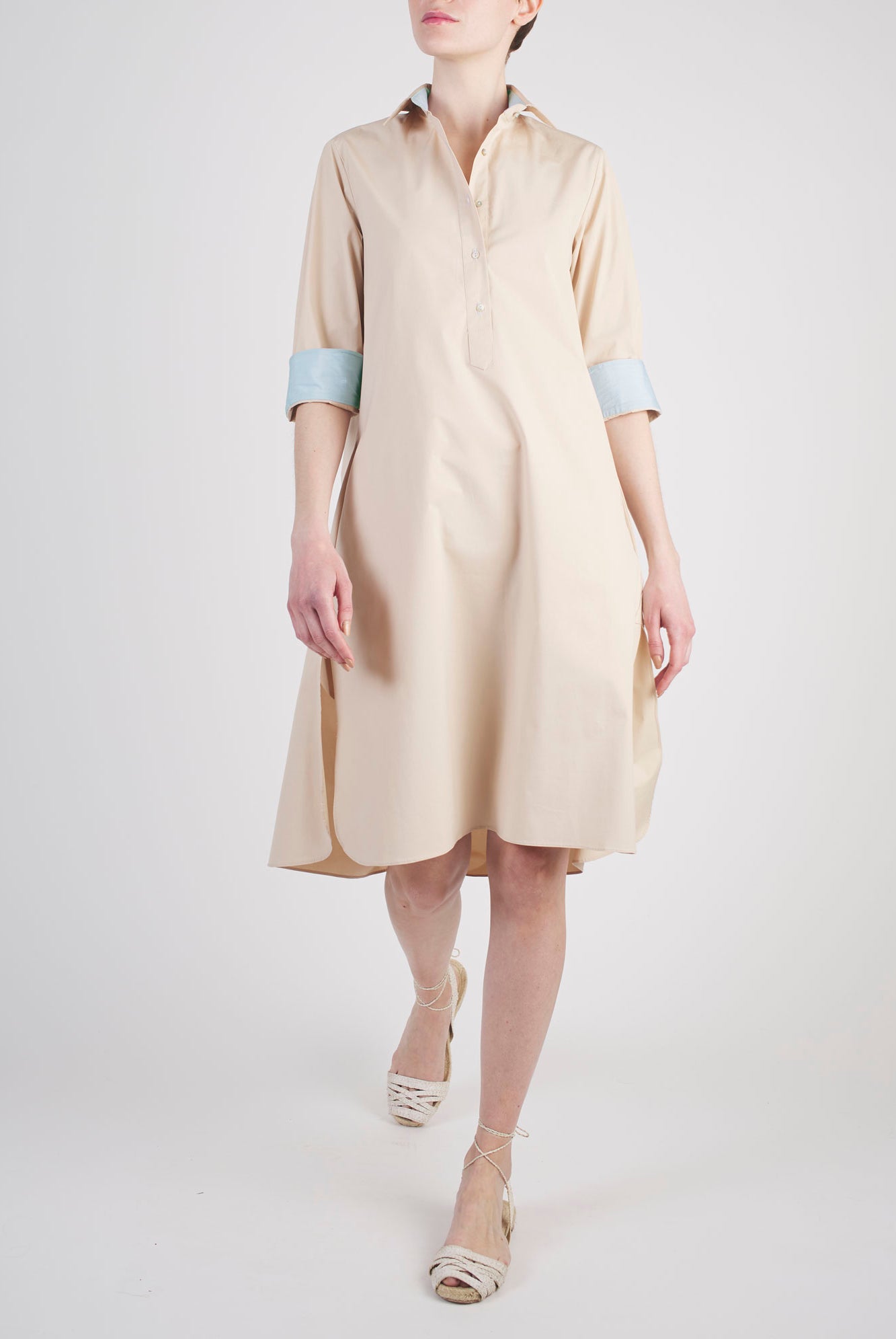 Front view of Angelica beige shirt dress by Thierry Colson