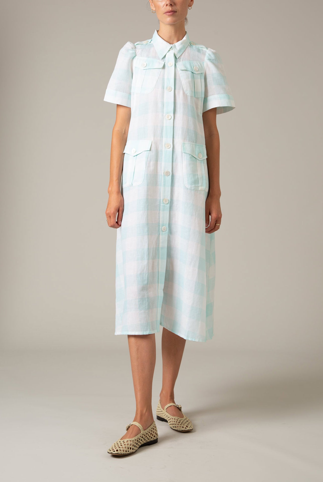 Front view - Baghera Dress in Mint Vichy by Thierry Colson – Lightweight Safari Dress