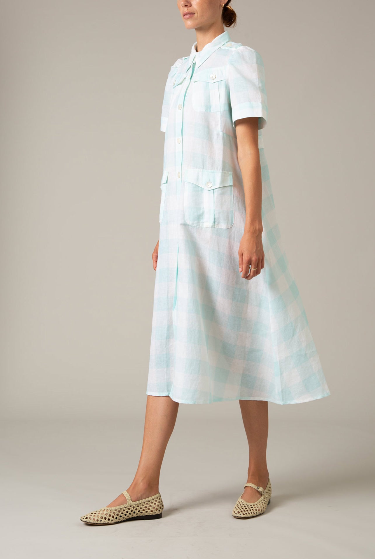 Side view of Baghera Dress in Mint Vichy by Thierry Colson – Lightweight Safari Dress