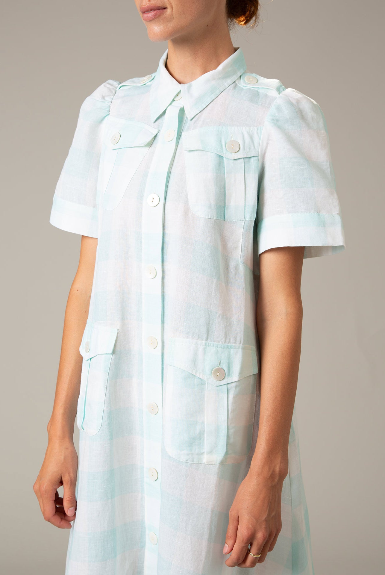 Detail - Baghera Dress in Mint Vichy by Thierry Colson – Lightweight Safari Dress