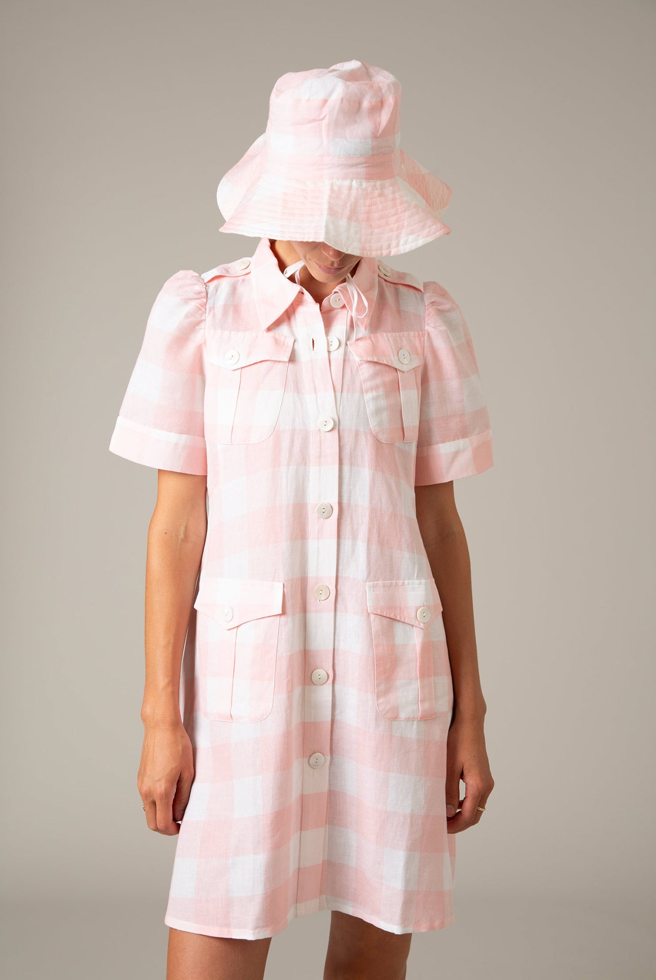 Front view of Boa Mini Dress in Pink Vichy by Thierry Colson – Linen Summer Dress