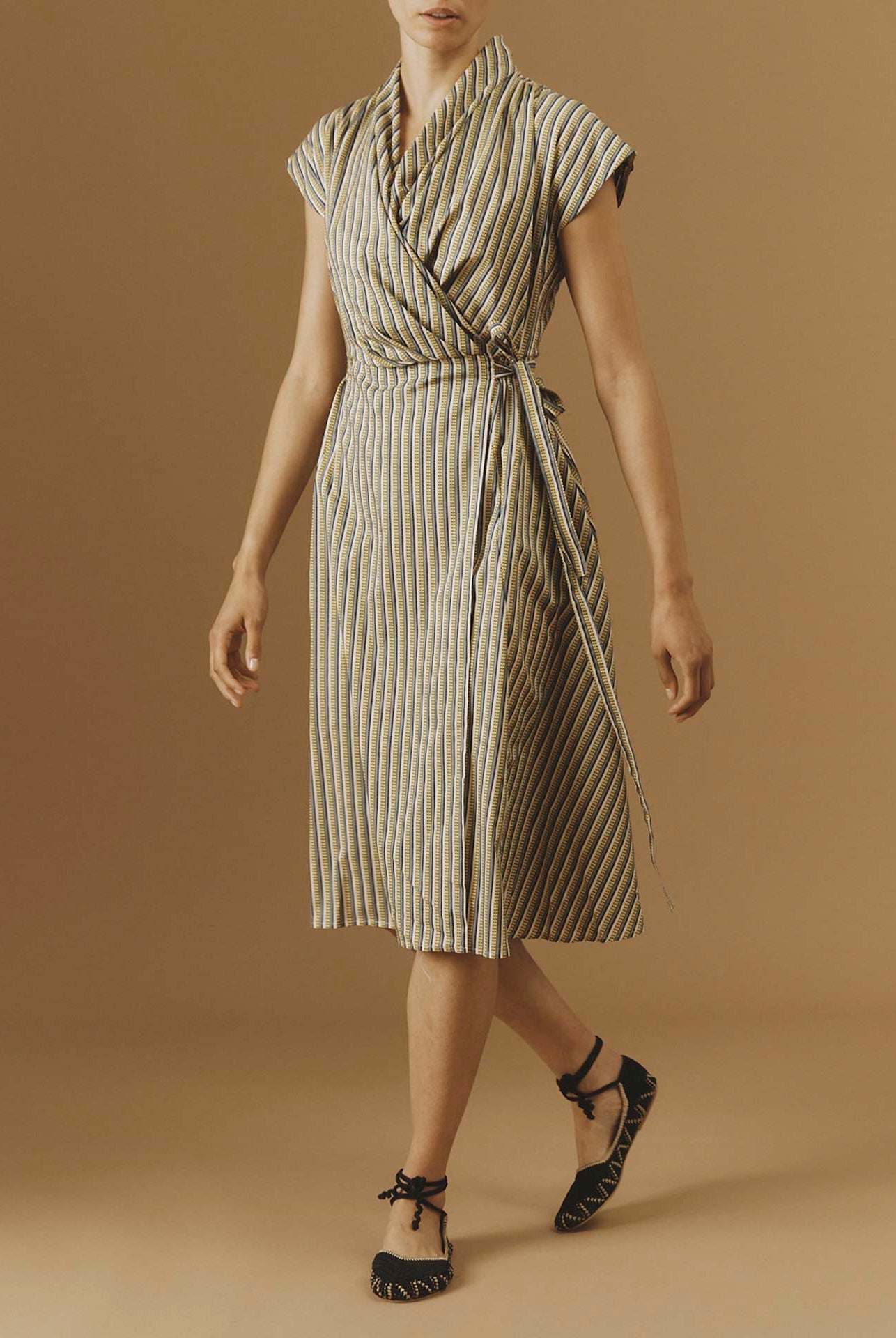 Front view of Isolde Yellow 2 midi Dress by Thierry Colson