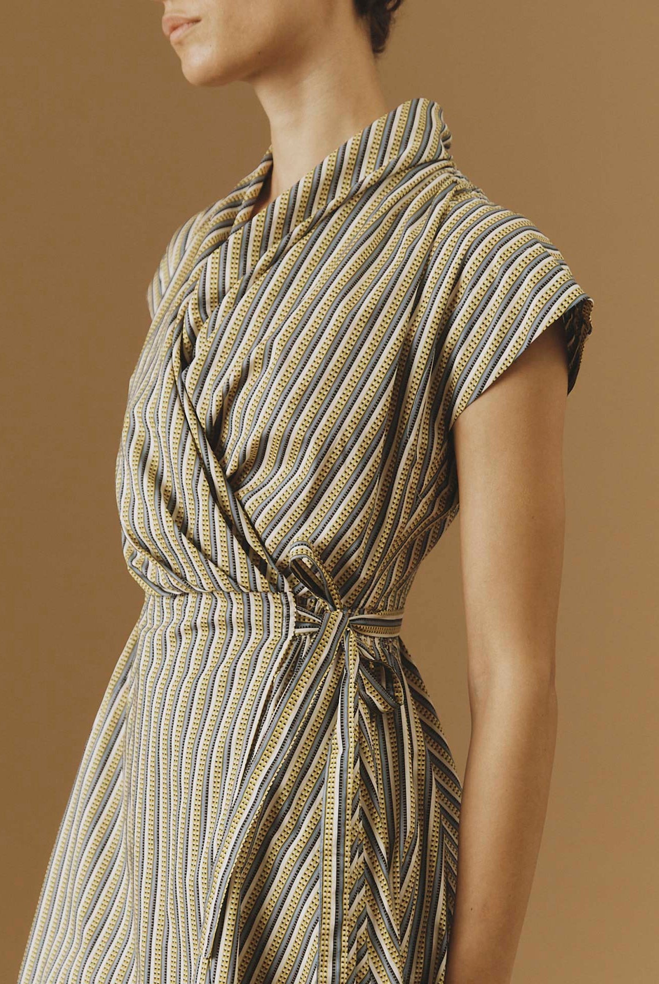 Detail Front view of Isolde Yellow 2 midi Dress by Thierry Colson