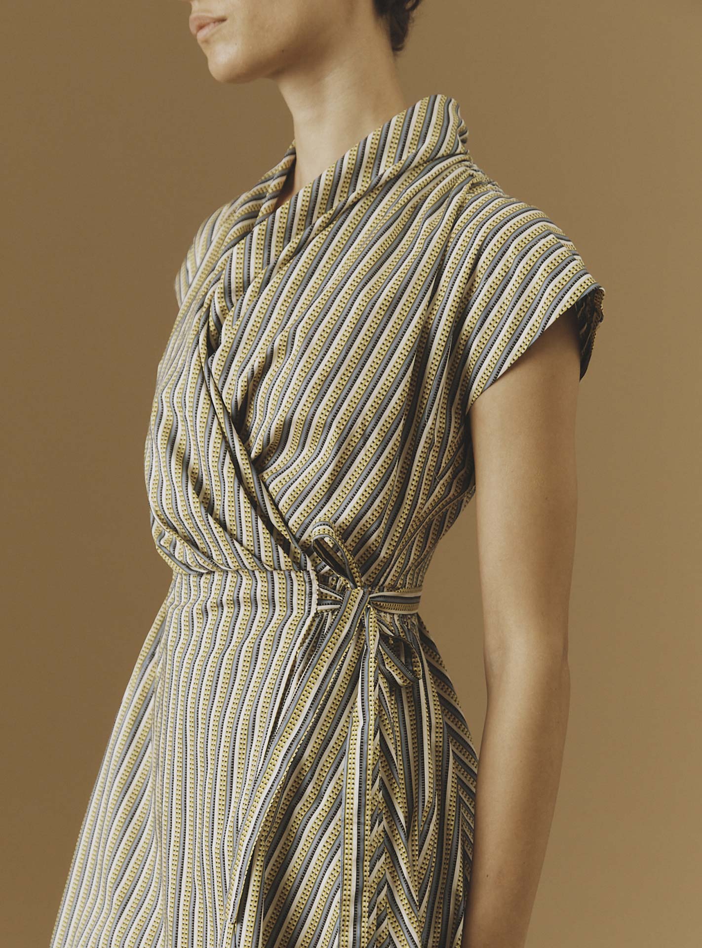 Detail Front view of Isolde Yellow 2 midi Dress by Thierry Colson