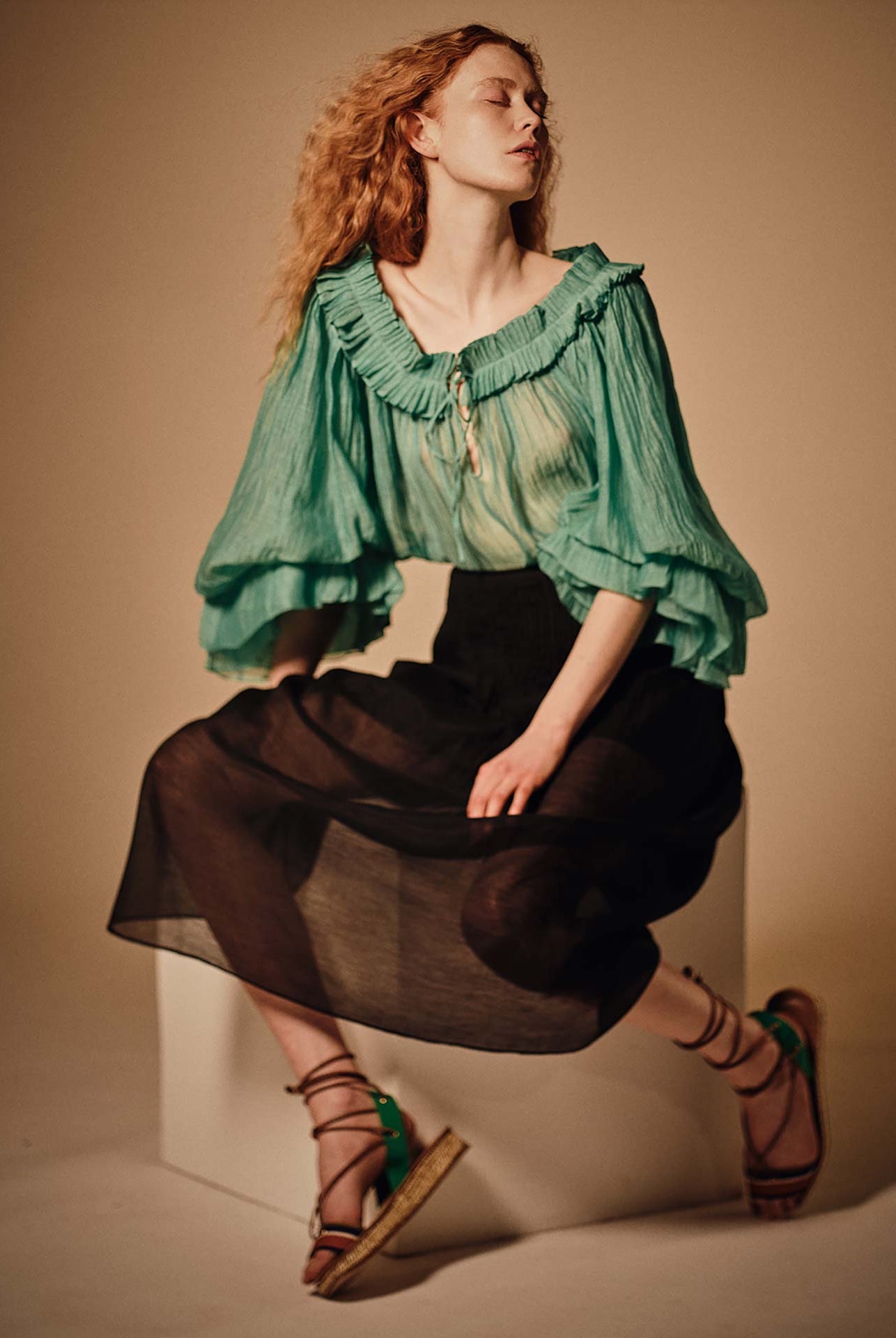 Front view of Roussia Veridian Green Blouse by Thierry Colson photographed by Stéphane Gautronneau