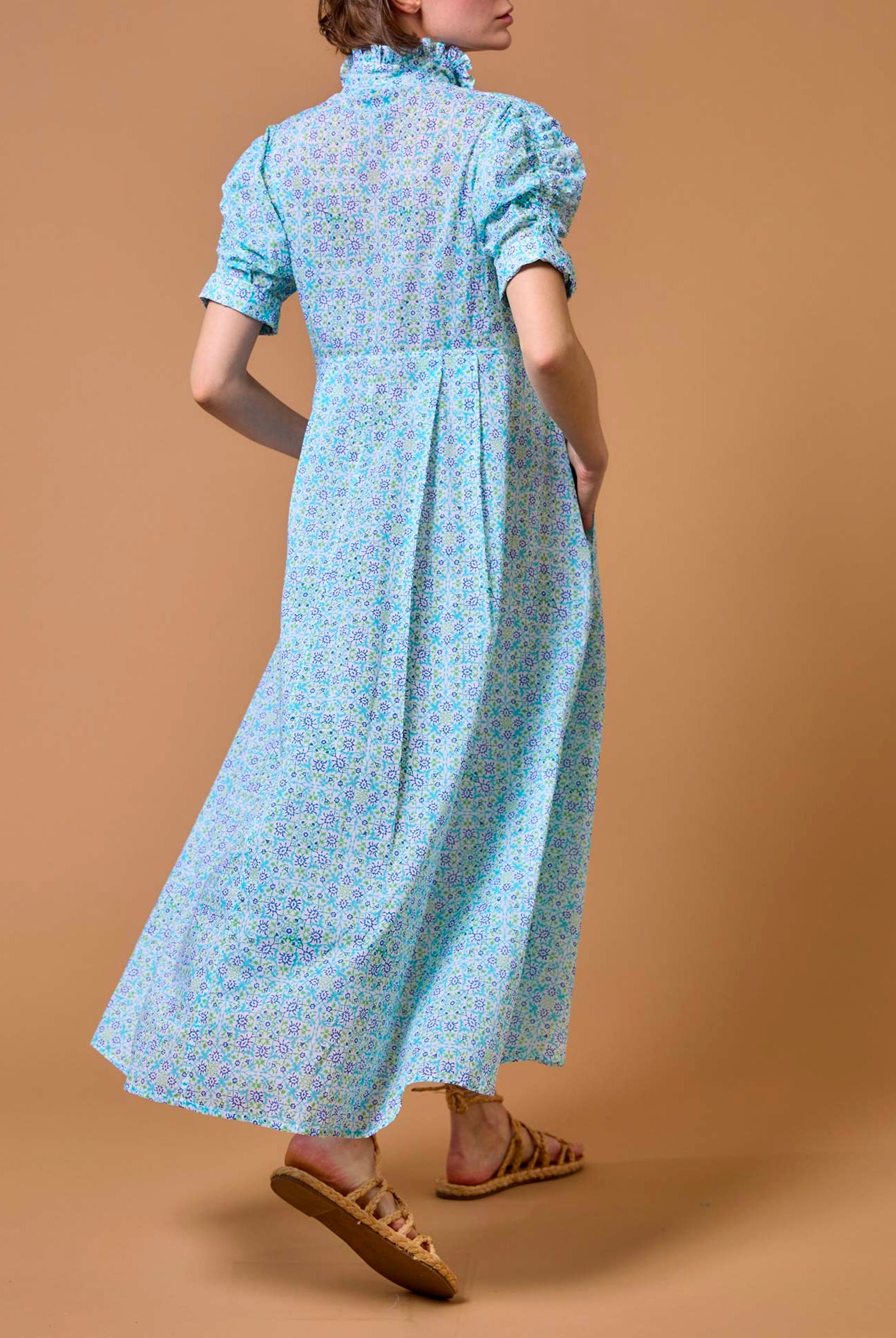 Back view of Venetia Mughal Blockprint Multico Blue Dress by Thierry Colson