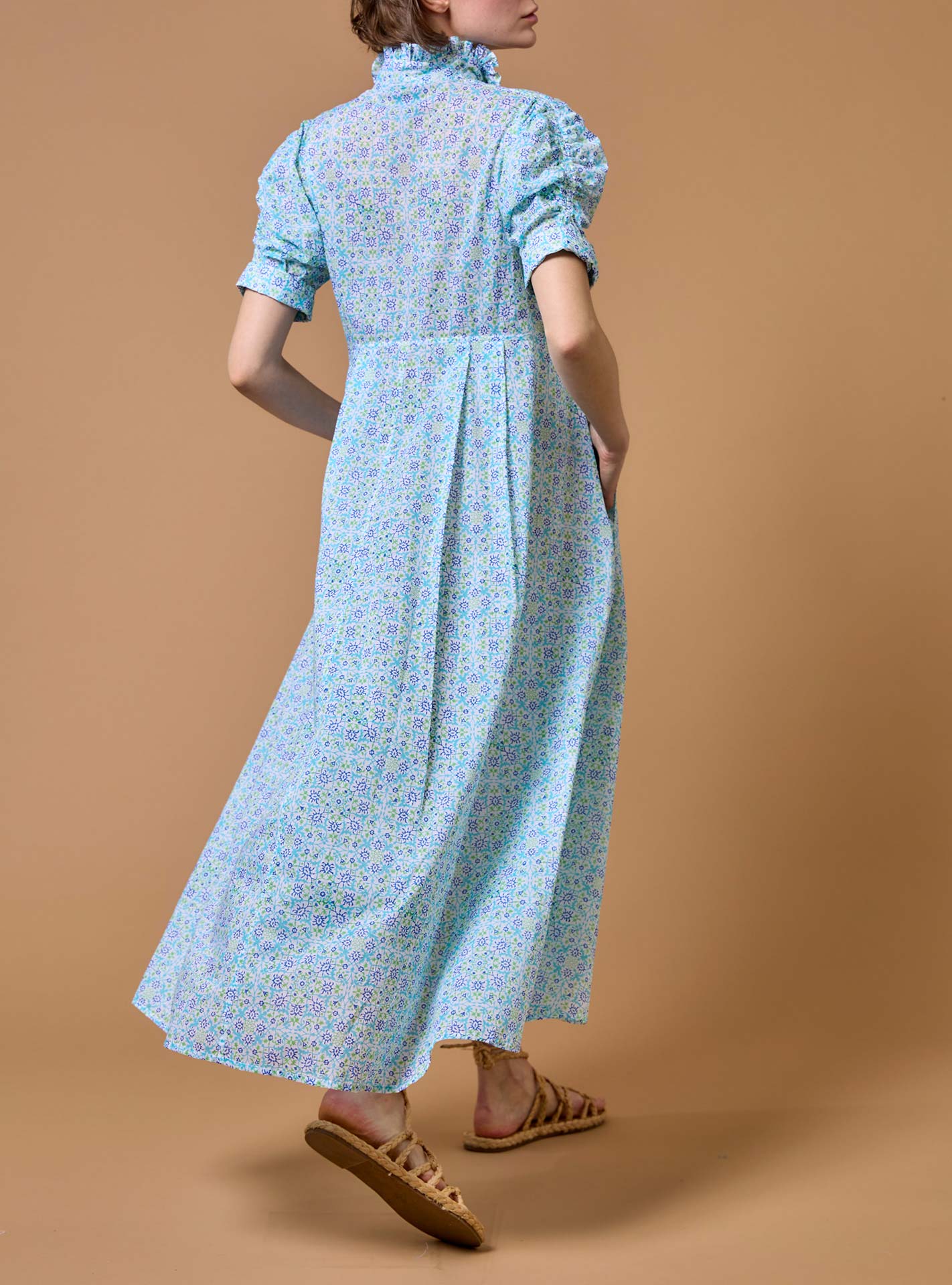 Back view of Venetia Mughal Blockprint Multico Blue Dress by Thierry Colson