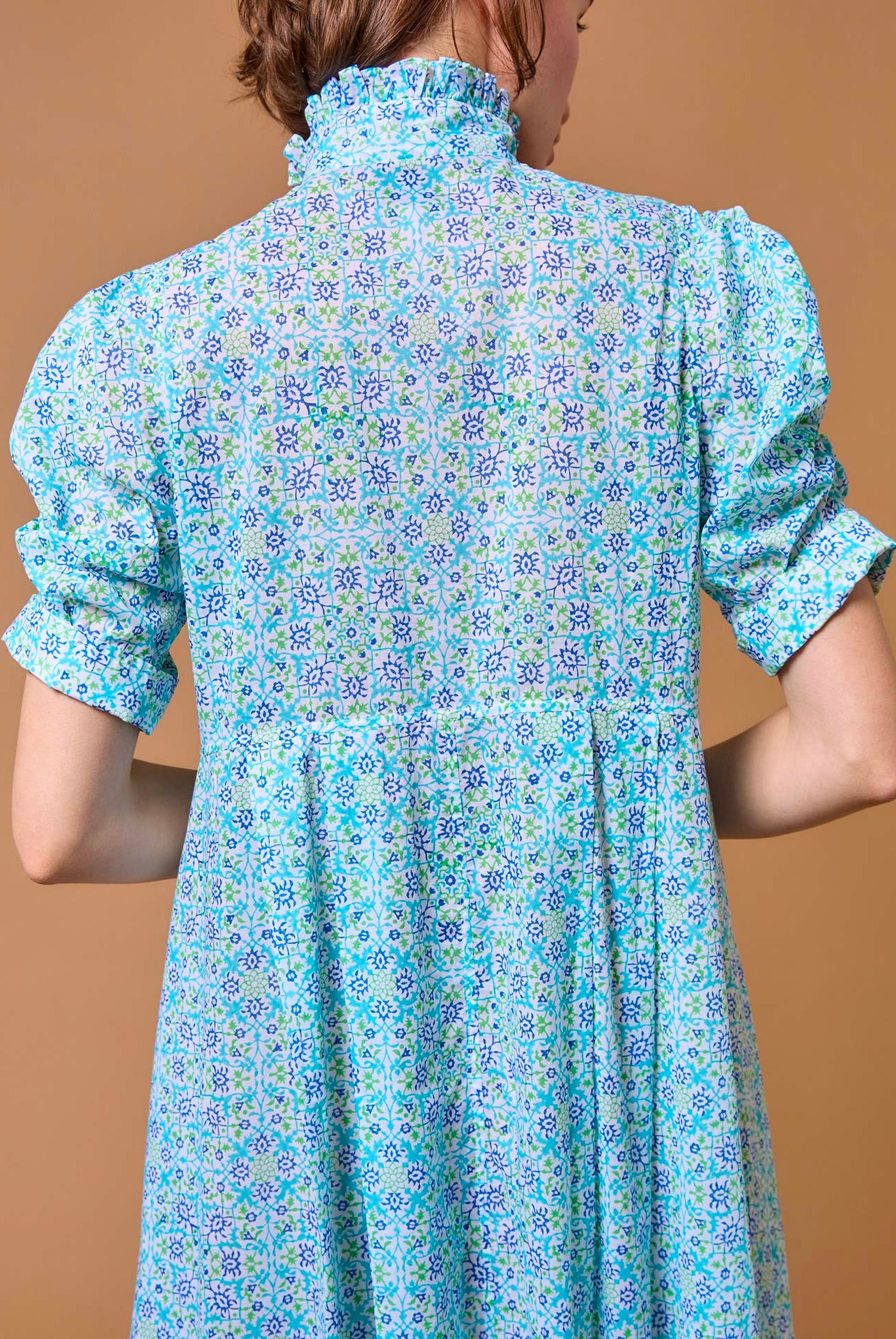 Detail back view of Venetia Mughal Blockprint Multico Blue Dress by Thierry Colson