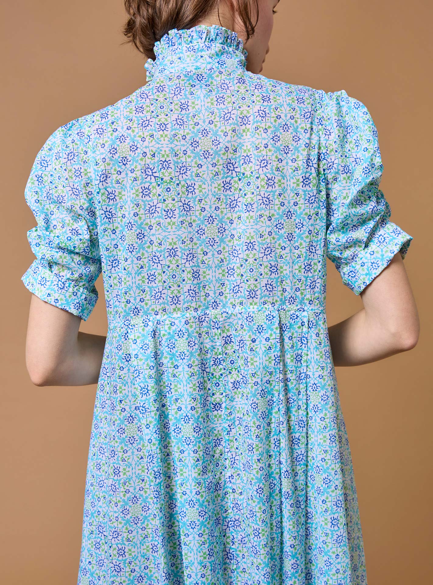Detail back view of Venetia Mughal Blockprint Multico Blue Dress by Thierry Colson