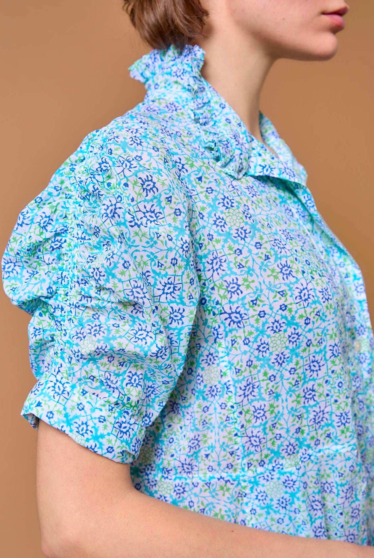 Detail sleeve of Venetia Mughal Blockprint Multico Blue Dress by Thierry Colson
