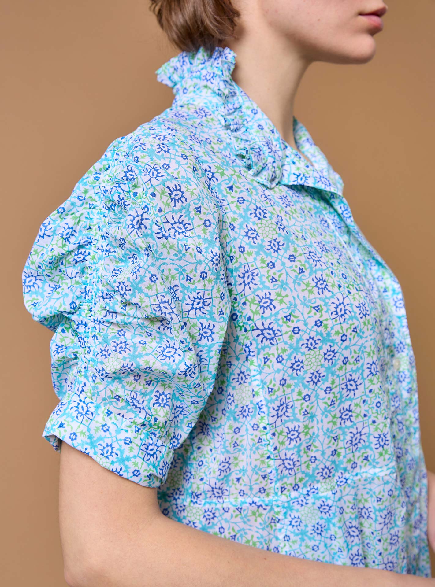 Detail sleeve of Venetia Mughal Blockprint Multico Blue Dress by Thierry Colson