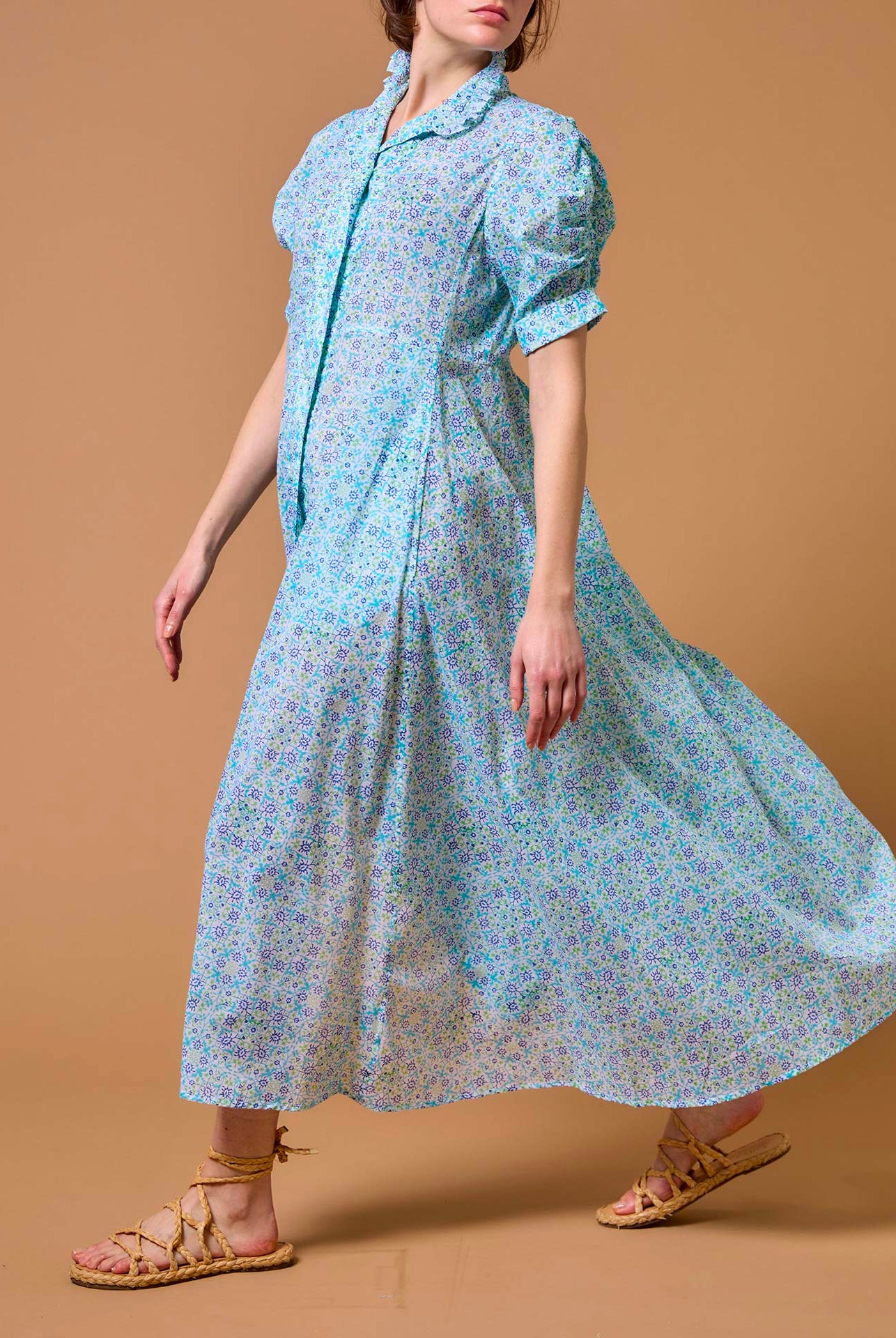 Side view of Venetia Mughal Blockprint Multico Blue Dress by Thierry Colson
