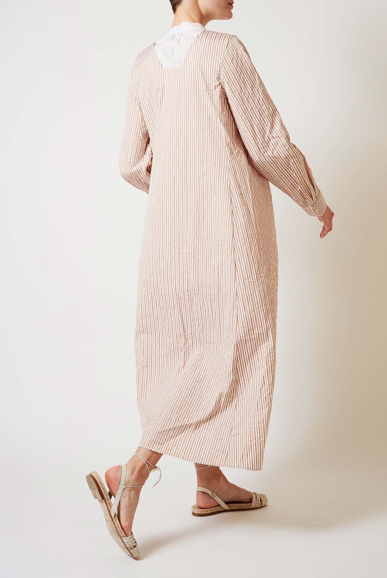 Back view of Victoria Crinkle satin Cappuccino Long Kaftan by Thierry Colson