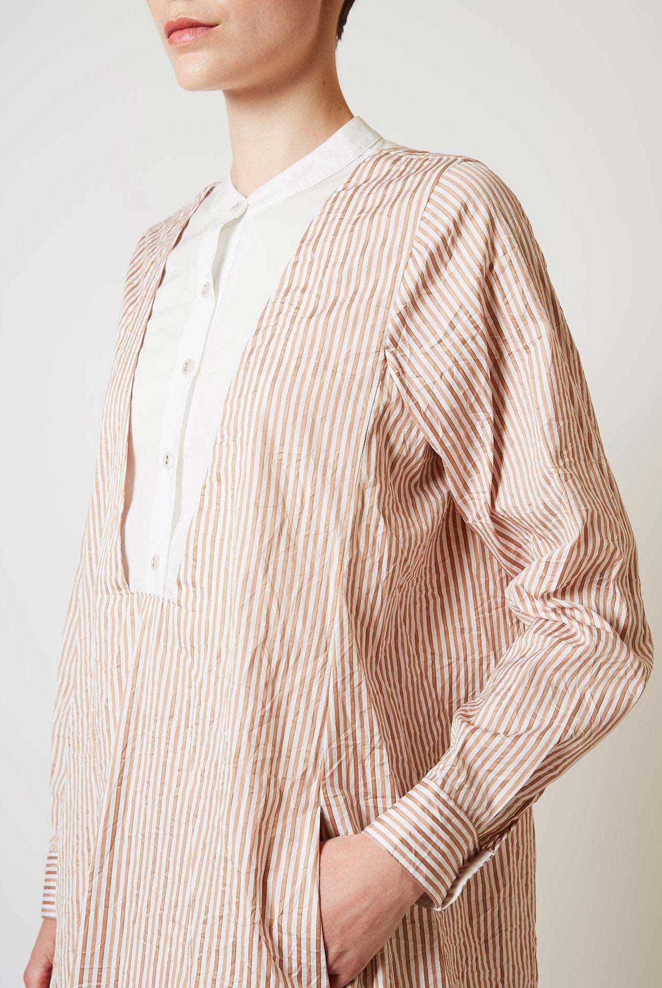 Close up of Victoria Crinkle satin Cappuccino Long Kaftan by Thierry Colson