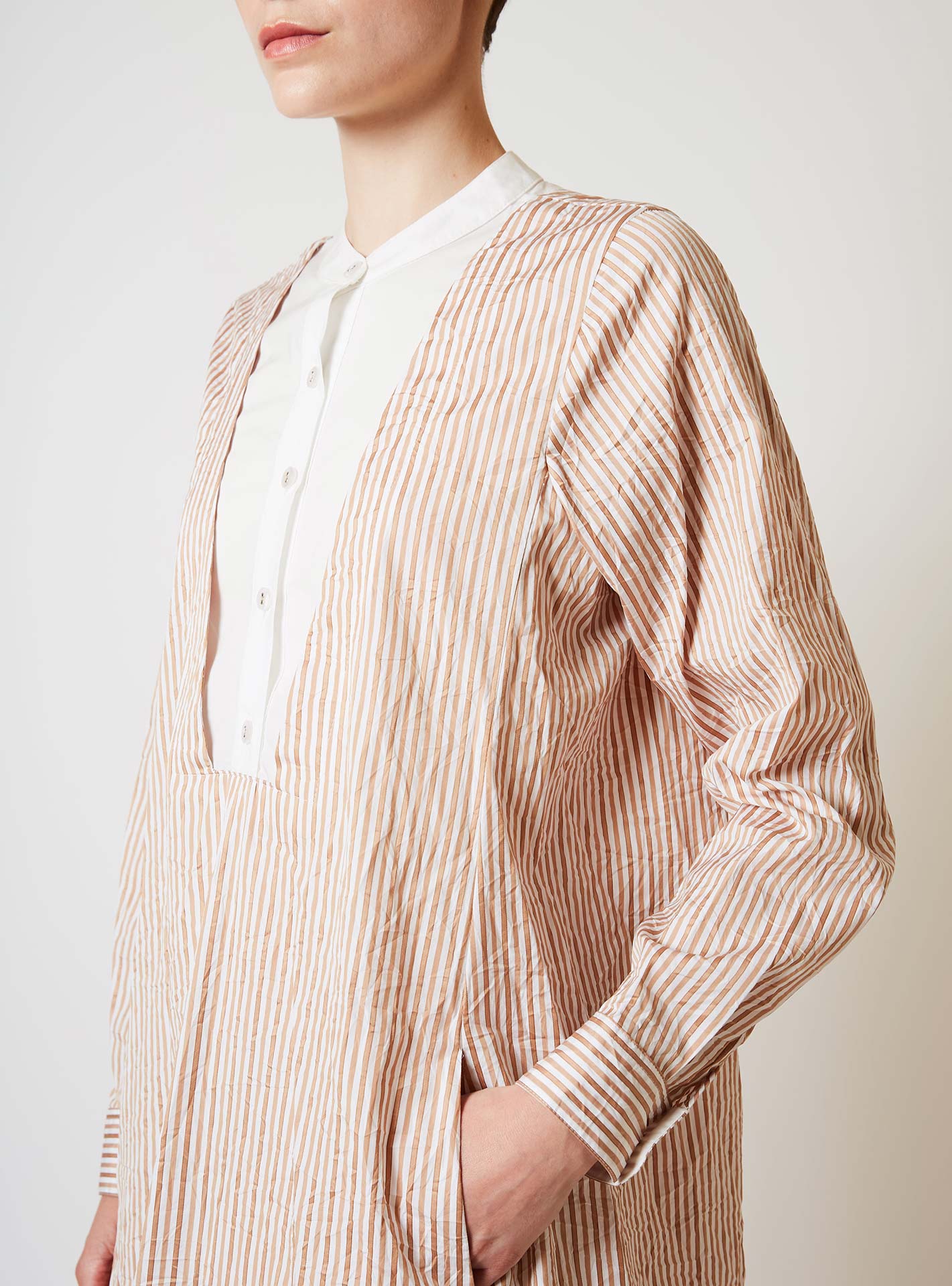 Close up of Victoria Crinkle satin Cappuccino Long Kaftan by Thierry Colson