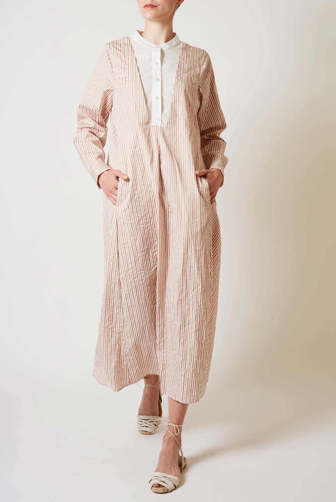 Front view of Victoria Crinkle satin Cappuccino Long Kaftan by Thierry Colson