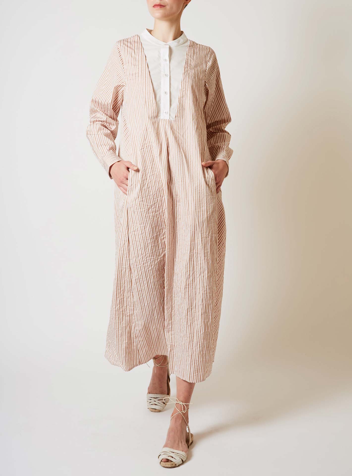 Front view of Victoria Crinkle satin Cappuccino Long Kaftan by Thierry Colson