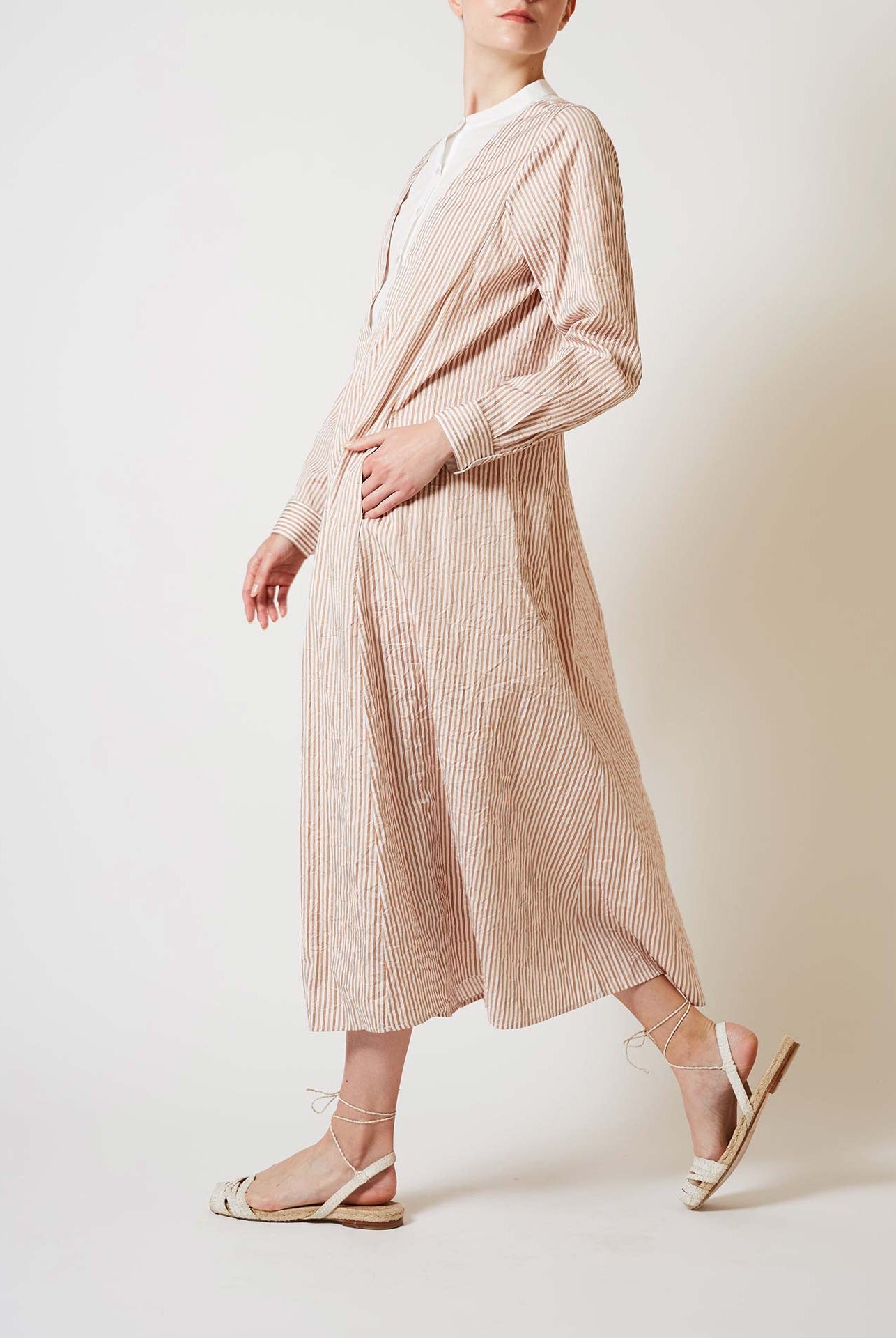 Side view of Victoria Crinkle satin Cappuccino Long Kaftan by Thierry Colson