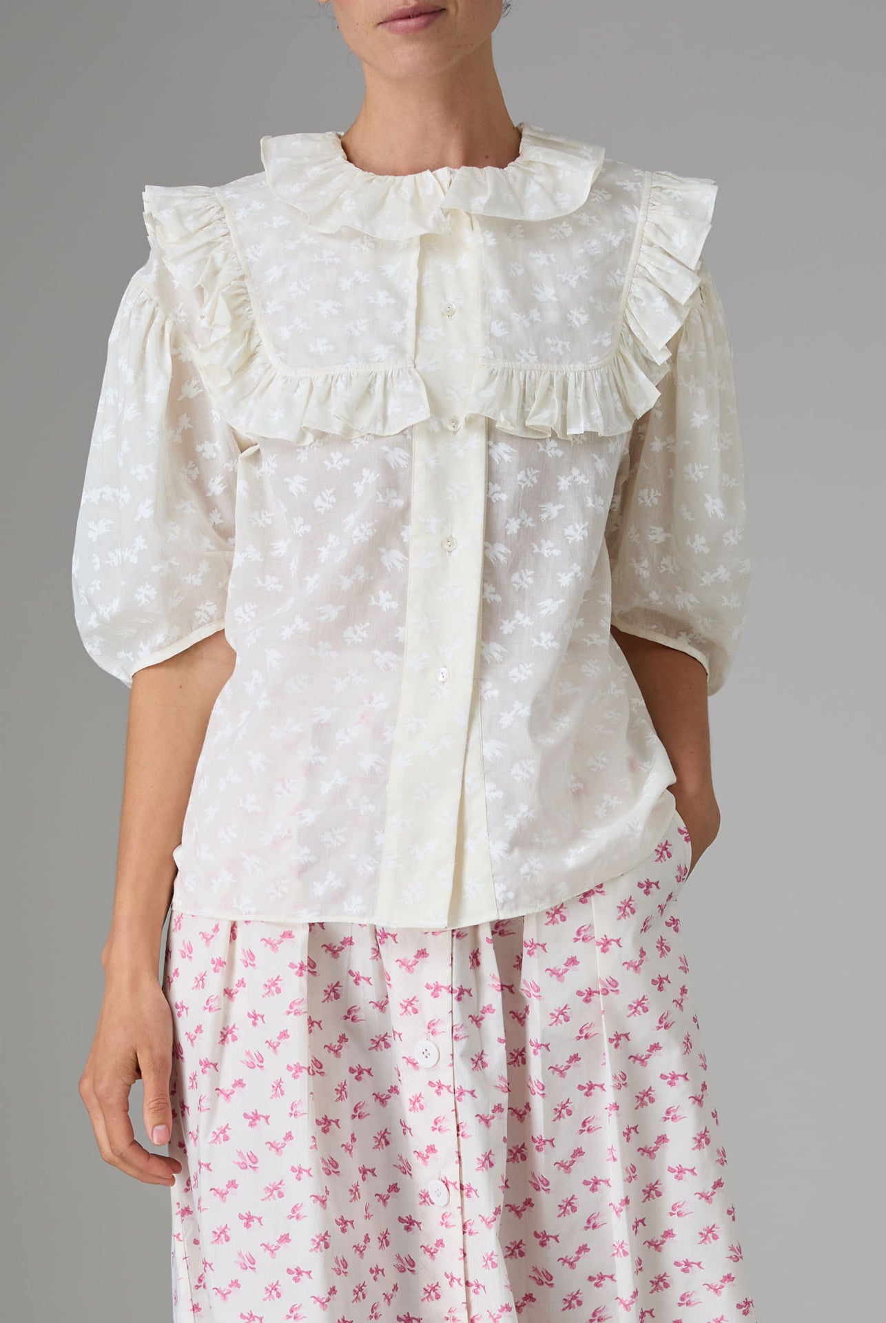 Front view of Vanina Romantic Blouse Hand Block-Printed Birds Flowers Ruffled Collar by Thierry Colson