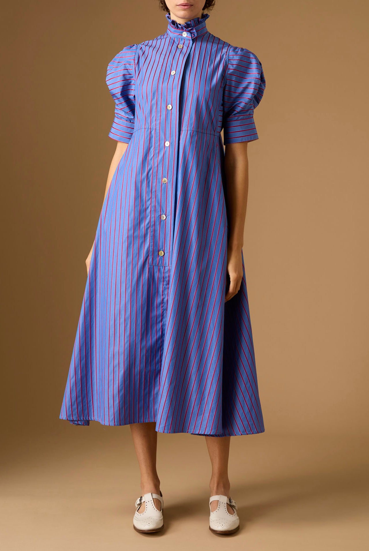 Front view of Venetia Bluet Cherry Stripes Dress by Thierry Colson