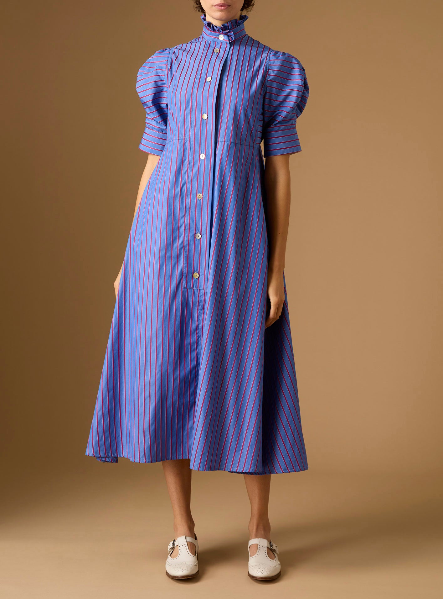 Front view of Venetia Bluet Cherry Stripes Dress by Thierry Colson