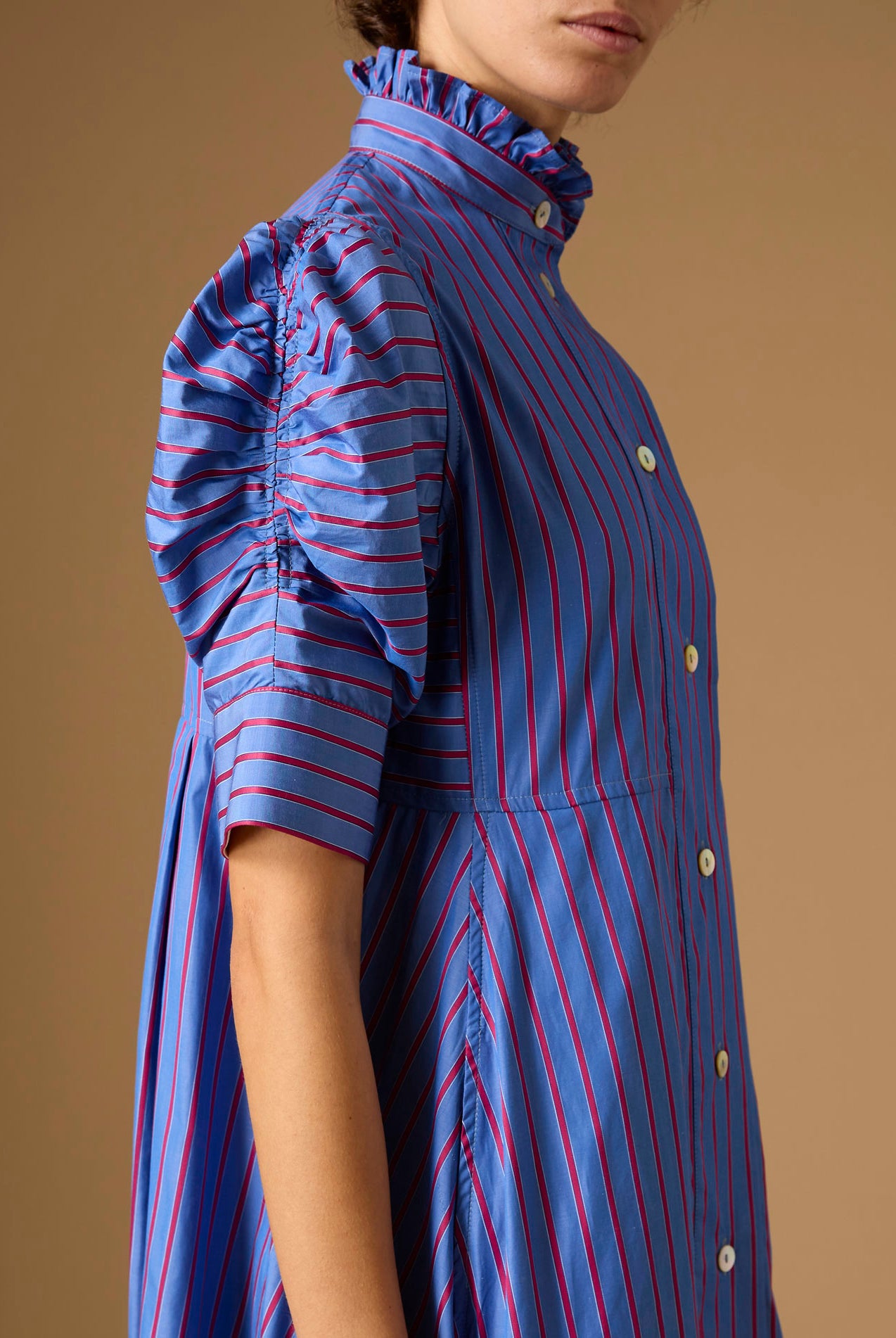 Close up of Venetia Bluet Cherry Stripes Dress by Thierry Colson