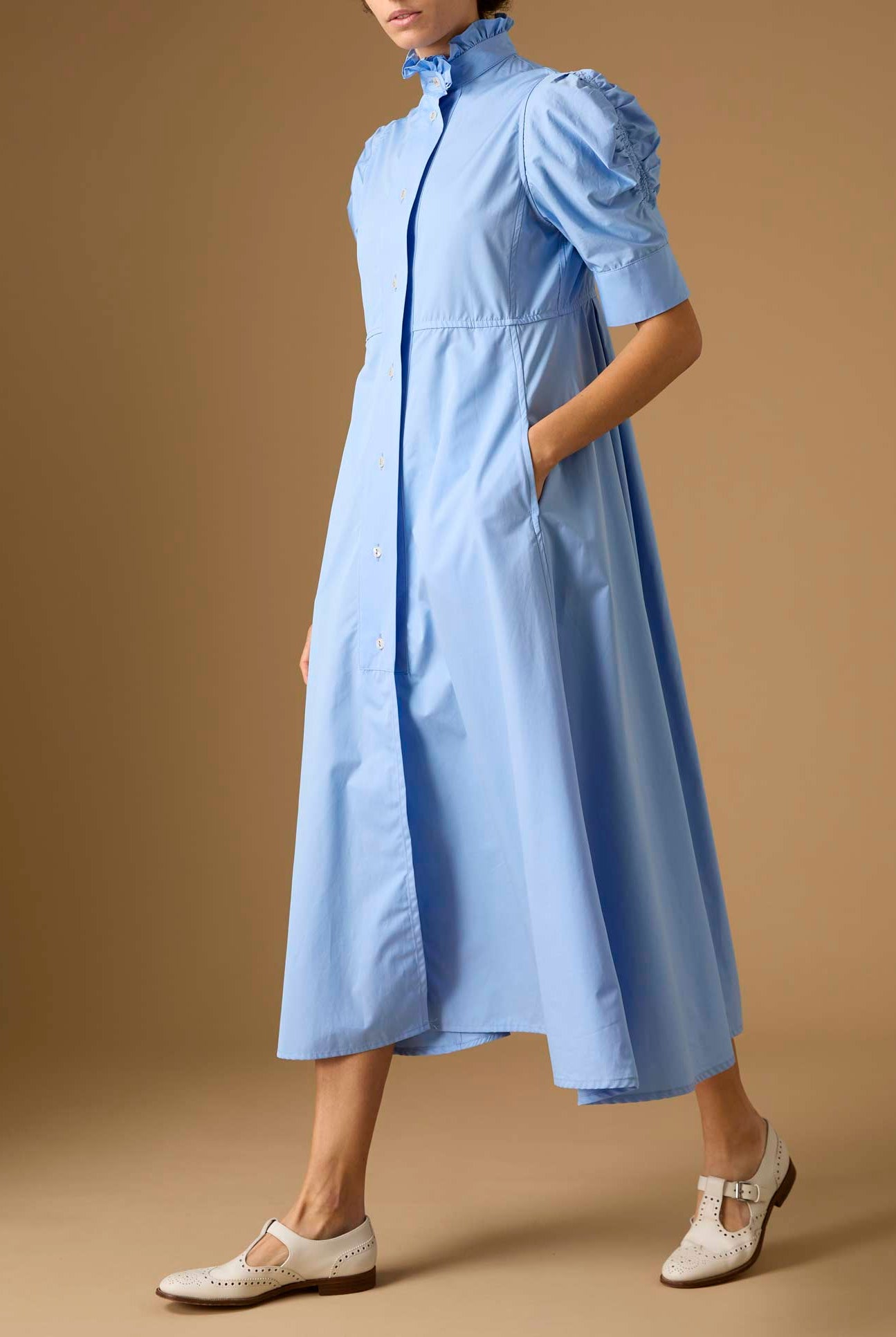 Side view of Venetia Plain Poplin Blue Dress by Thierry Colson