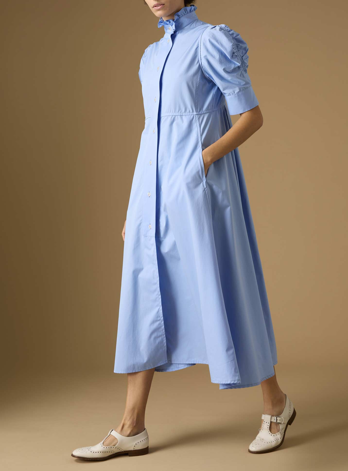 Side view of Venetia Plain Poplin Blue Dress by Thierry Colson