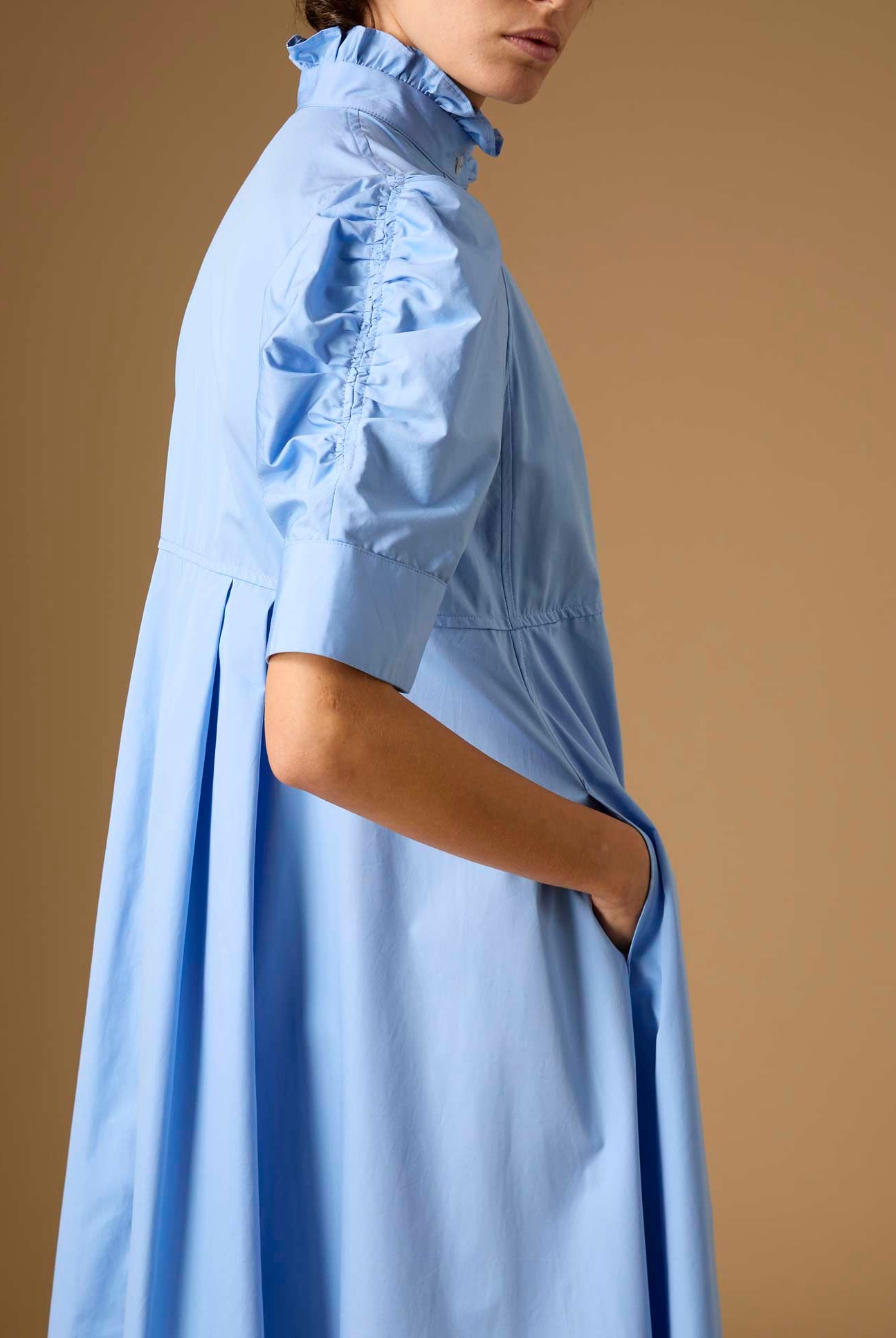 Side Sleeve detail of Venetia Plain Poplin Blue Dress by Thierry Colson