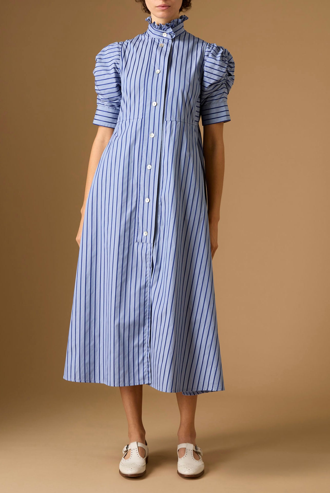 Front view Venetia Grey Navy Stripes Dress by Thierry Colson