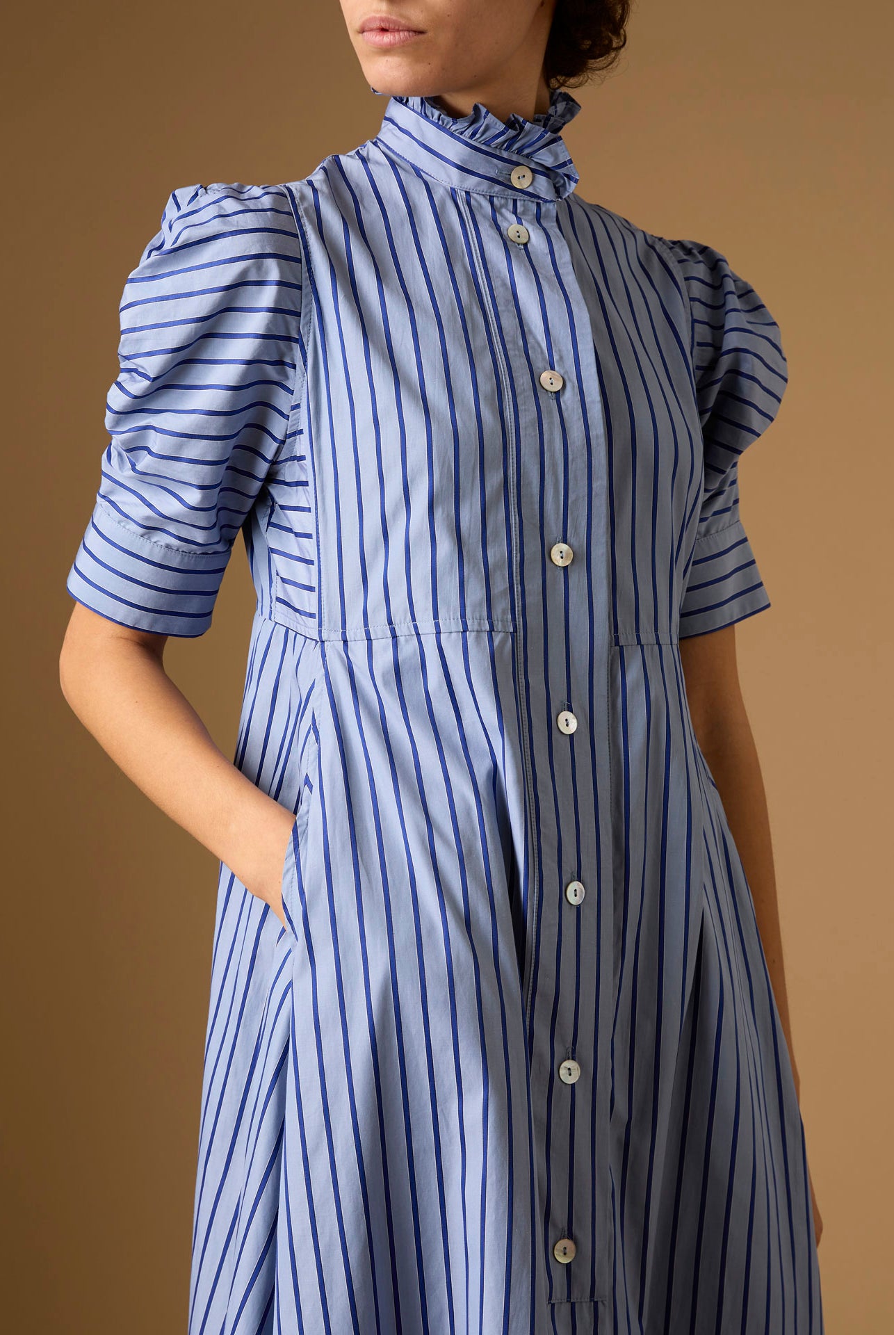 Close up view Venetia Grey Navy Stripes Dress by Thierry Colson
