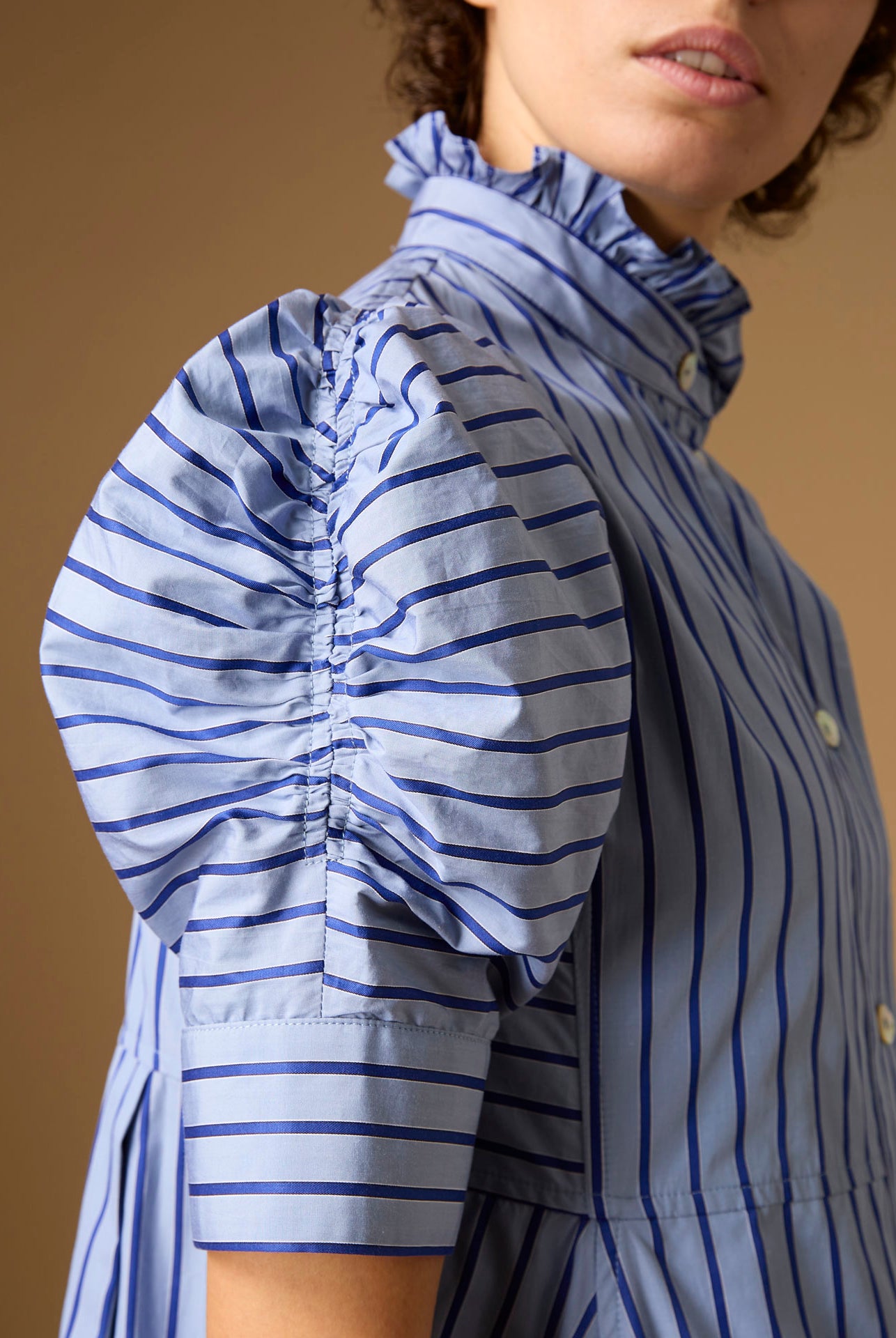 Close up of sleeve Venetia Grey Navy Stripes Dress by Thierry Colson