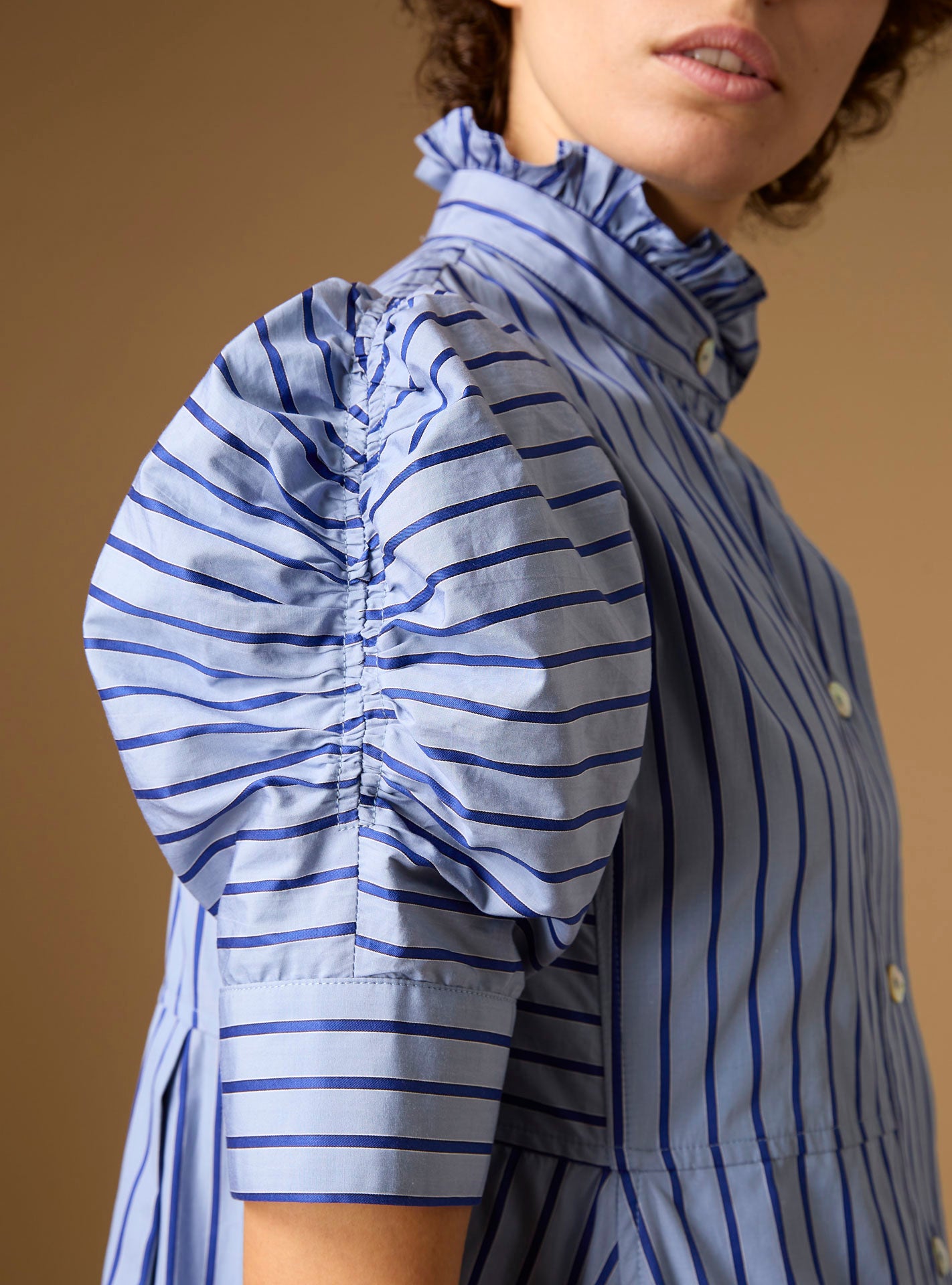 Close up of sleeve Venetia Grey Navy Stripes Dress by Thierry Colson