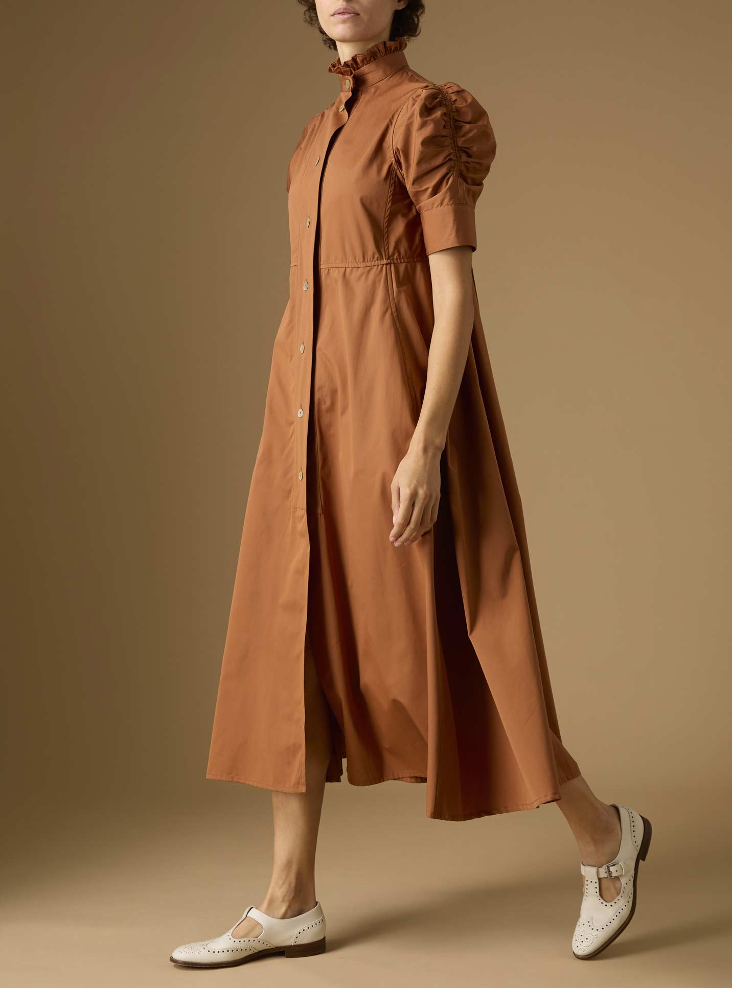 Side view of Venetia Plain Poplin Hazelnut Dress by Thierry Colson