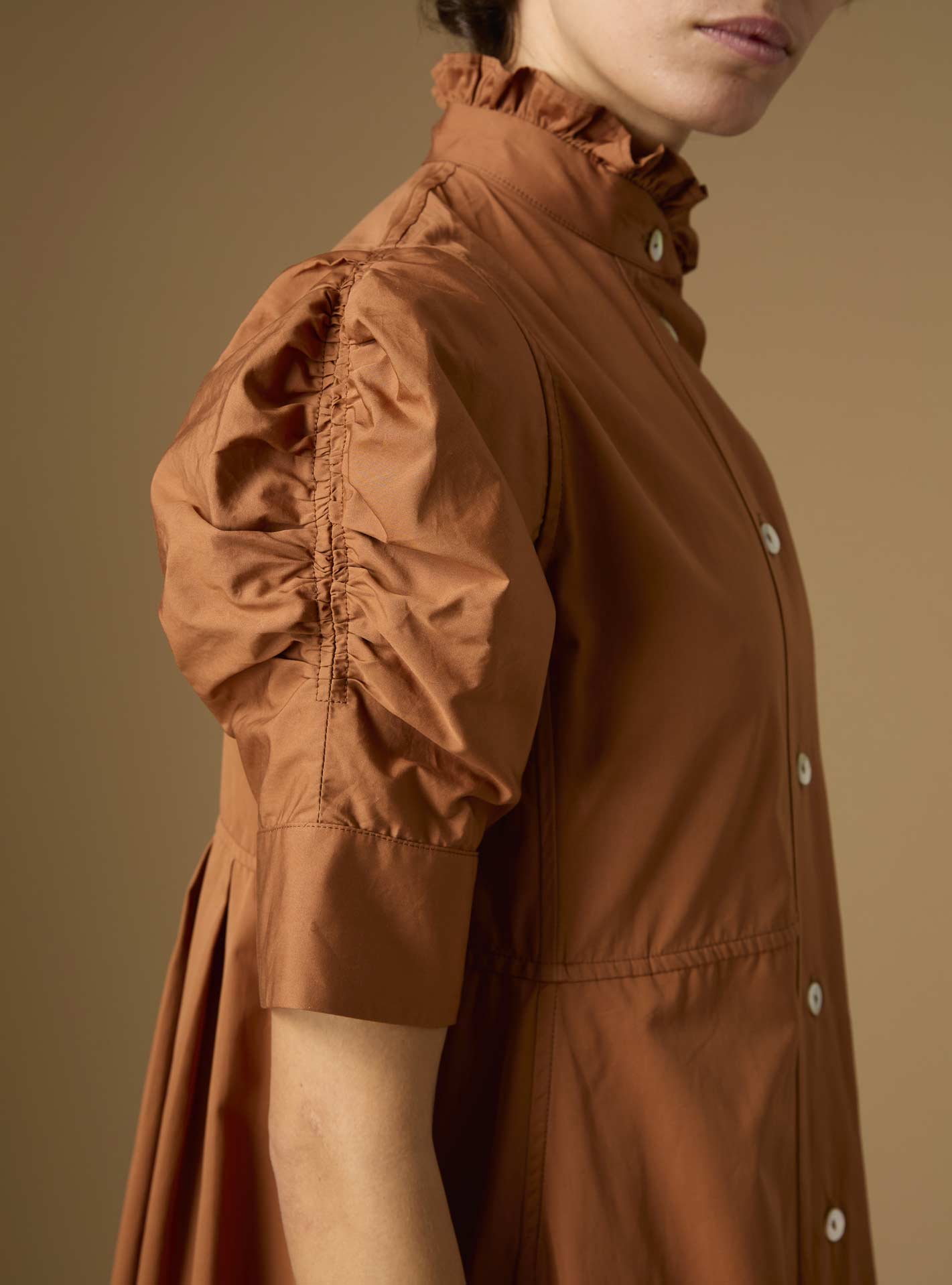Sleeve detail of Venetia Plain Poplin Hazelnut Dress by Thierry Colson