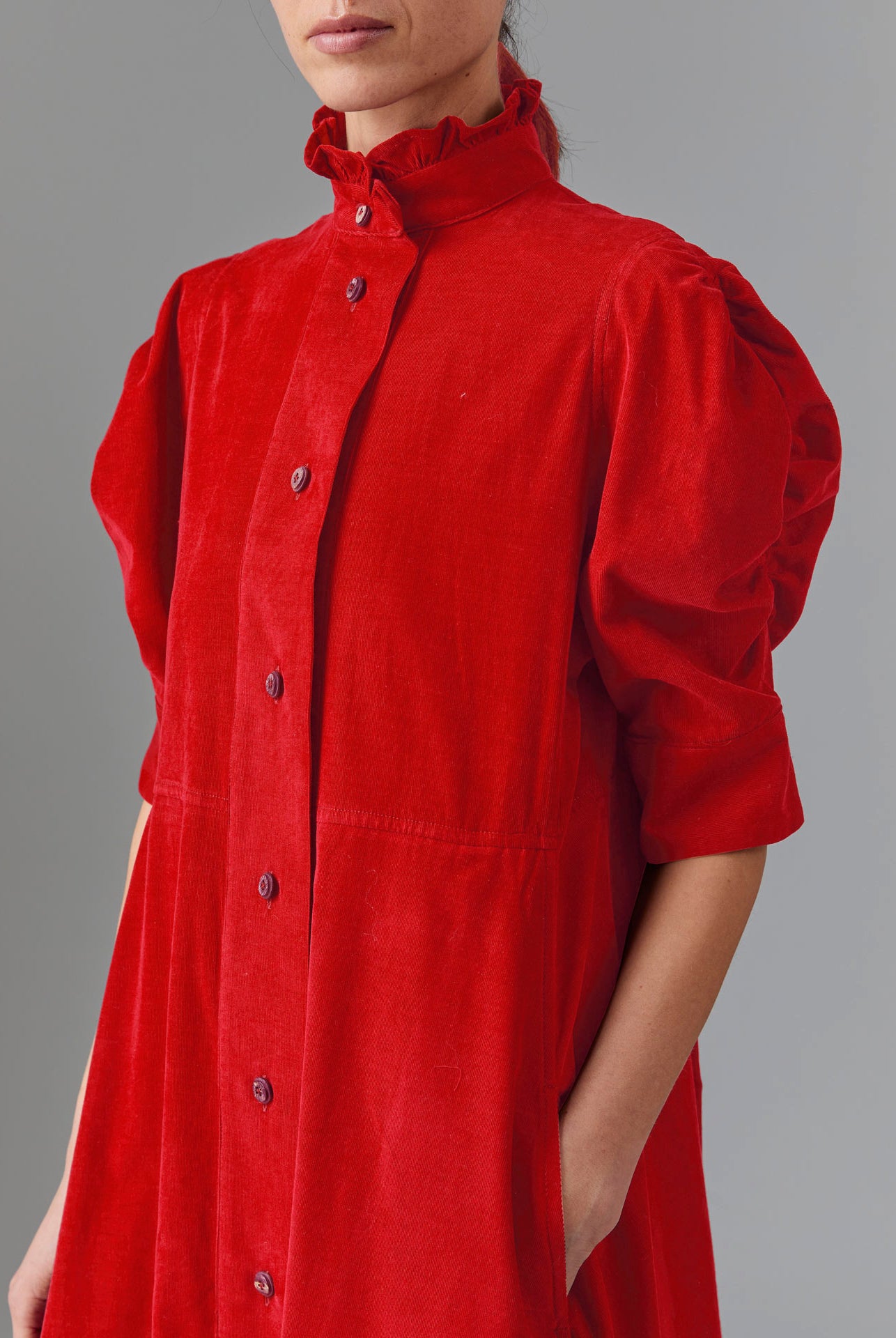 Close up view of Venetia Red Dress - Tirolean Cord by Thierry Colson