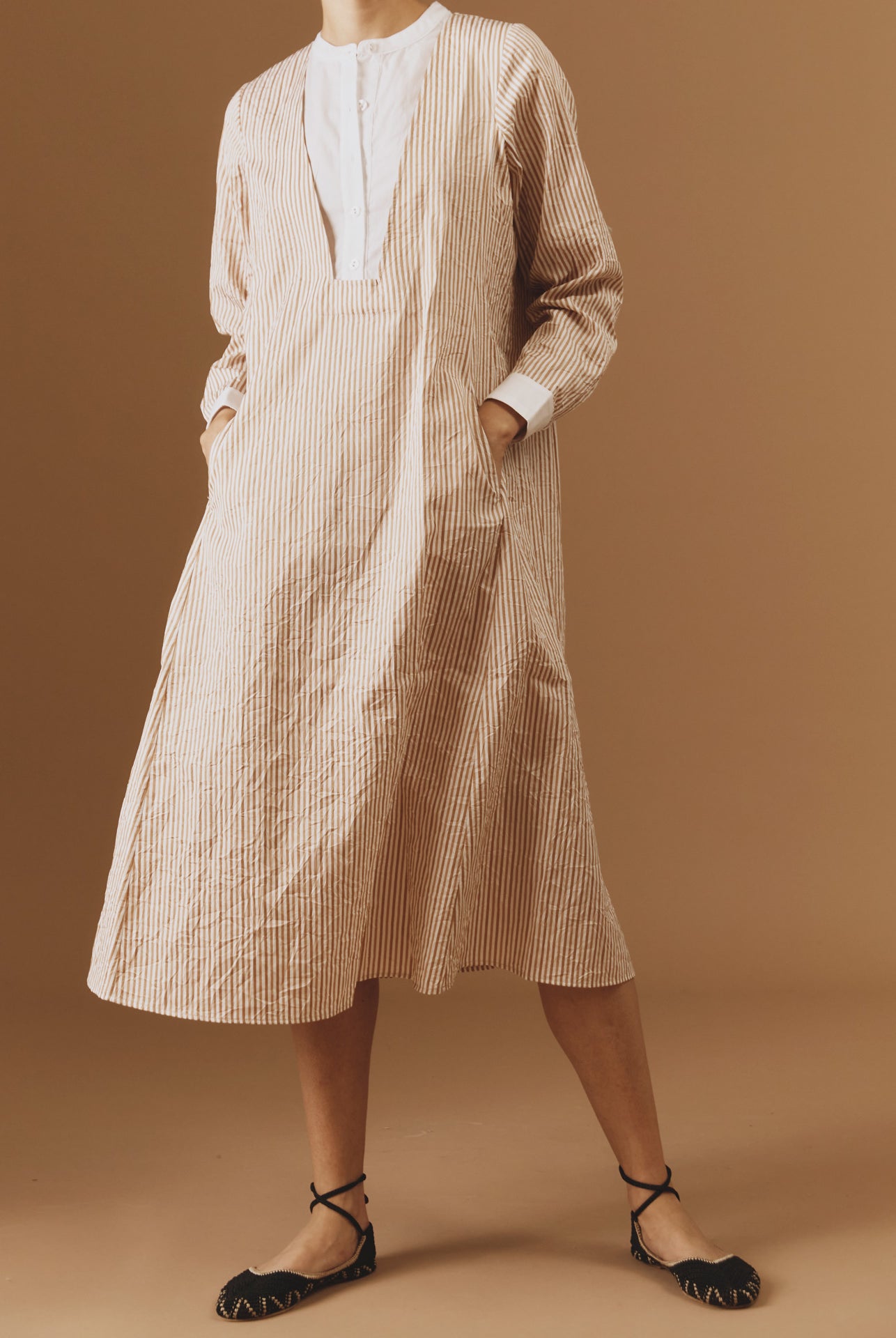 Front view of Victoria Cappuccino Midi Crinkle satin kaftan by Thierry Colson