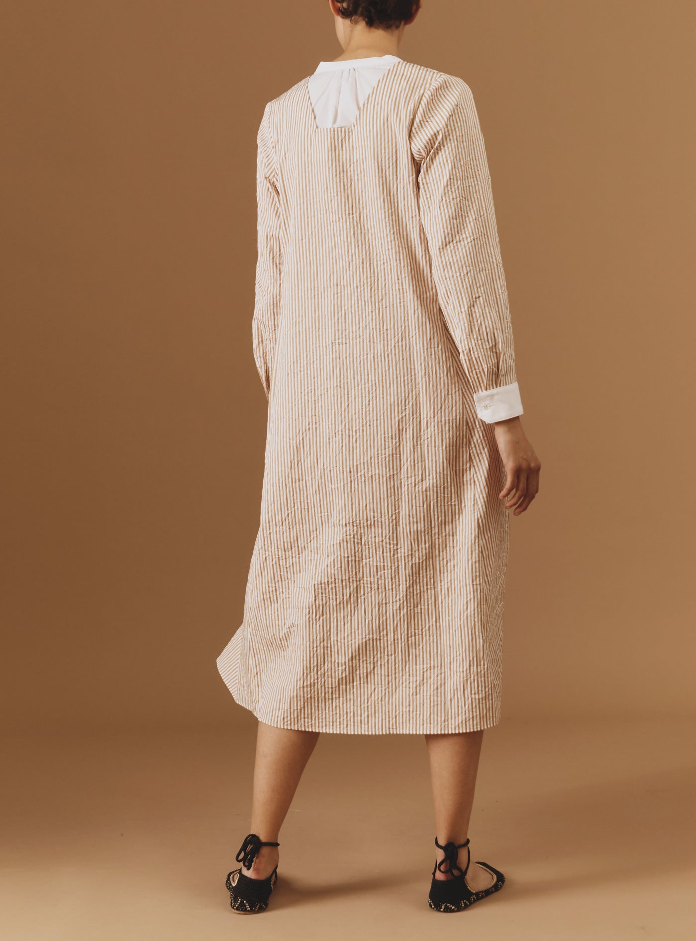 Back view of Victoria Cappuccino Midi Crinkle satin kaftan by Thierry Colson