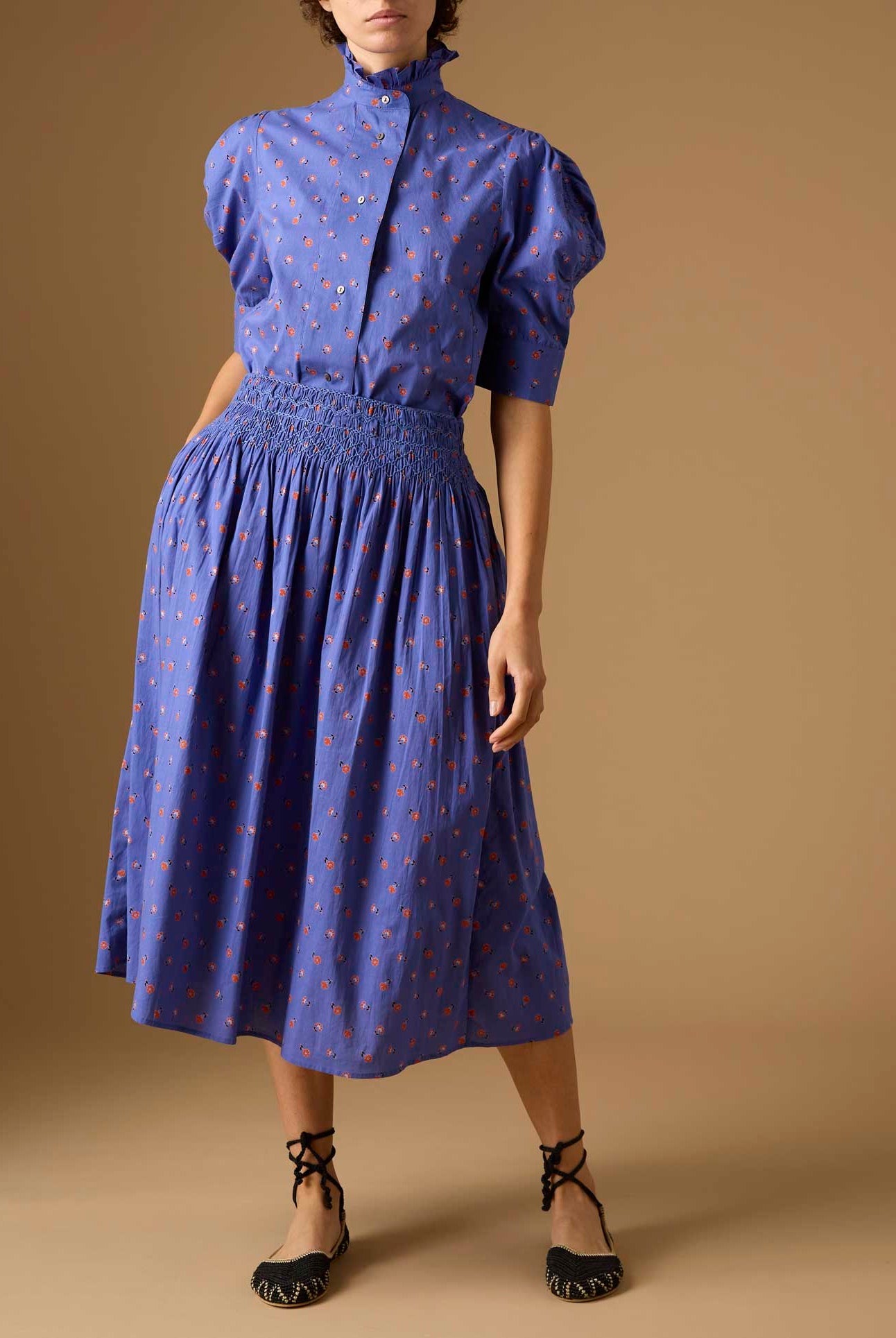Full view of Vita blue blouse and Verde blue Skirt from Pre Spring 2024 by Thierry Colson