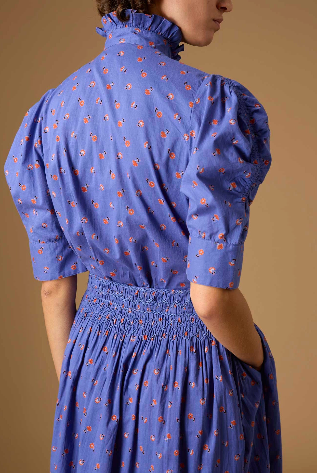 Back detail view of Vita blue blouse Skirt from Pre Spring 2024 by Thierry Colson