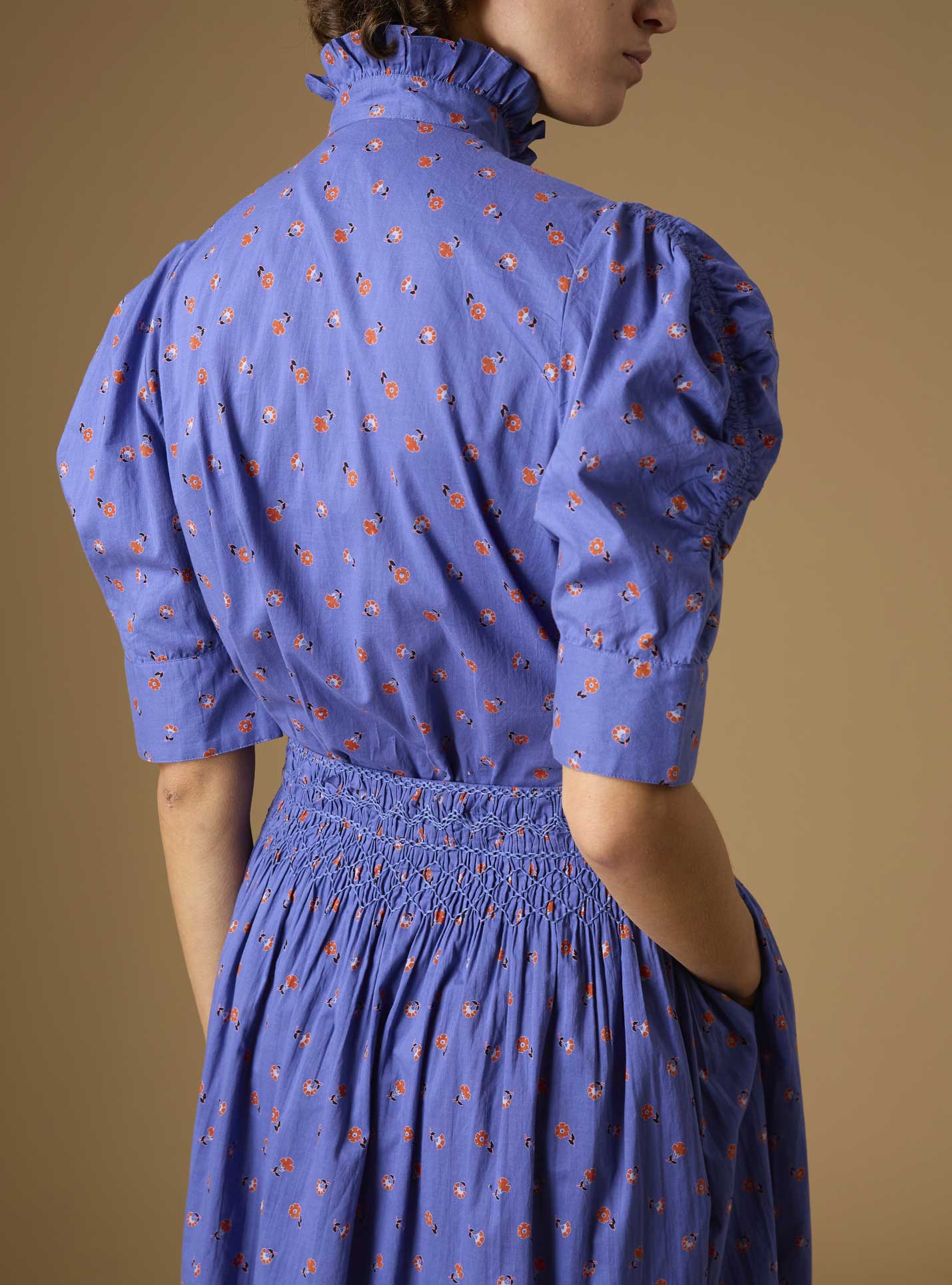 Back detail view of Vita blue blouse Skirt from Pre Spring 2024 by Thierry Colson
