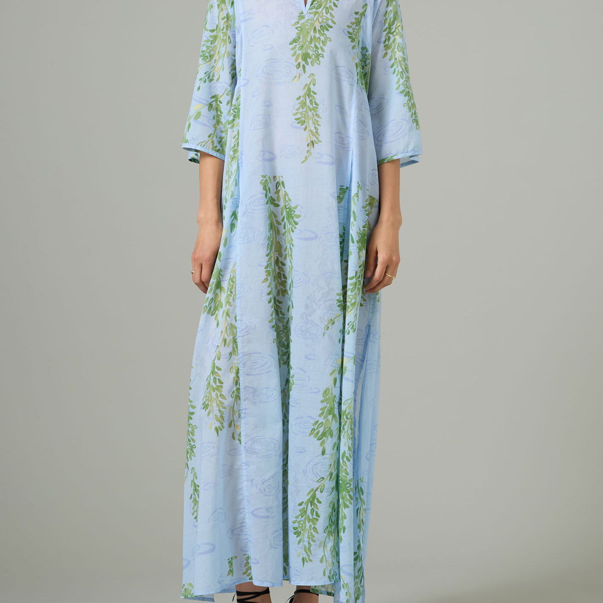 Rachel Long Kaftan - Weeping Willow Print Voile - Blue & Green Thierry Colson Rachel Long Kaftan - Weeping Willow Print Voile - Blue & Green Thierry Colson