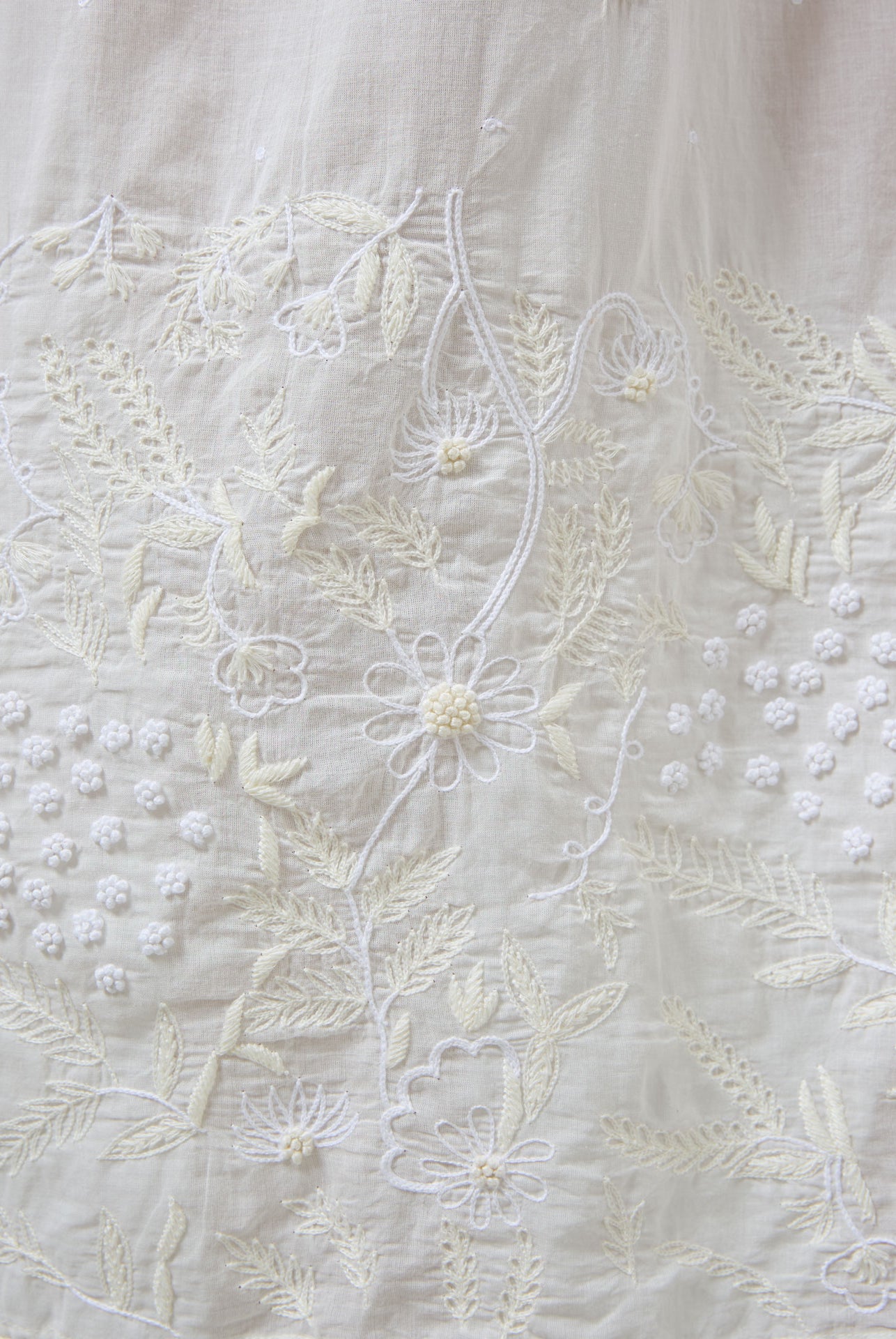 Close-up of white embroidered fabric with floral patterns