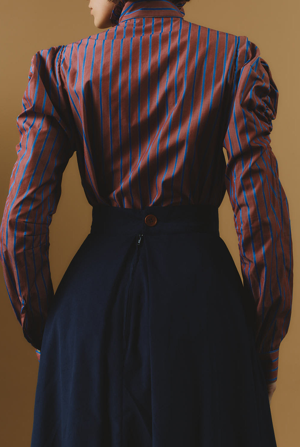 Back view of Wind County Brown Blue Stripes Blouse by Thierry Colson