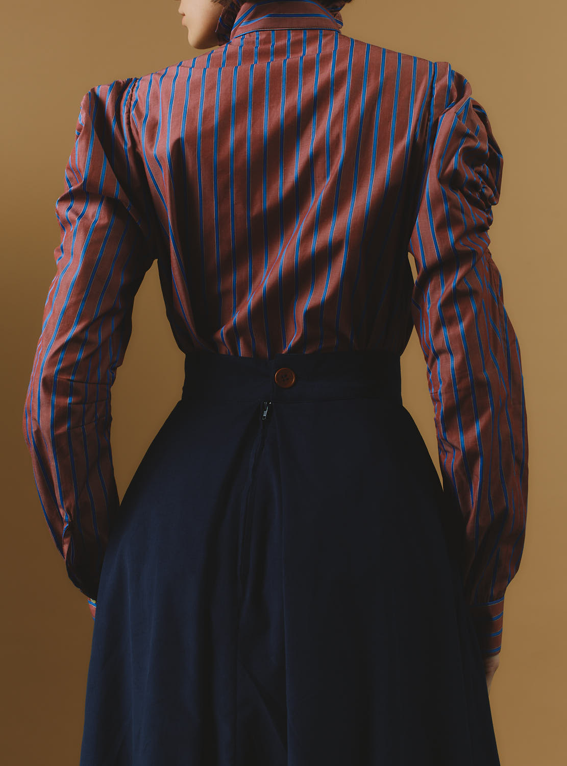 Back view of Wind County Brown Blue Stripes Blouse by Thierry Colson