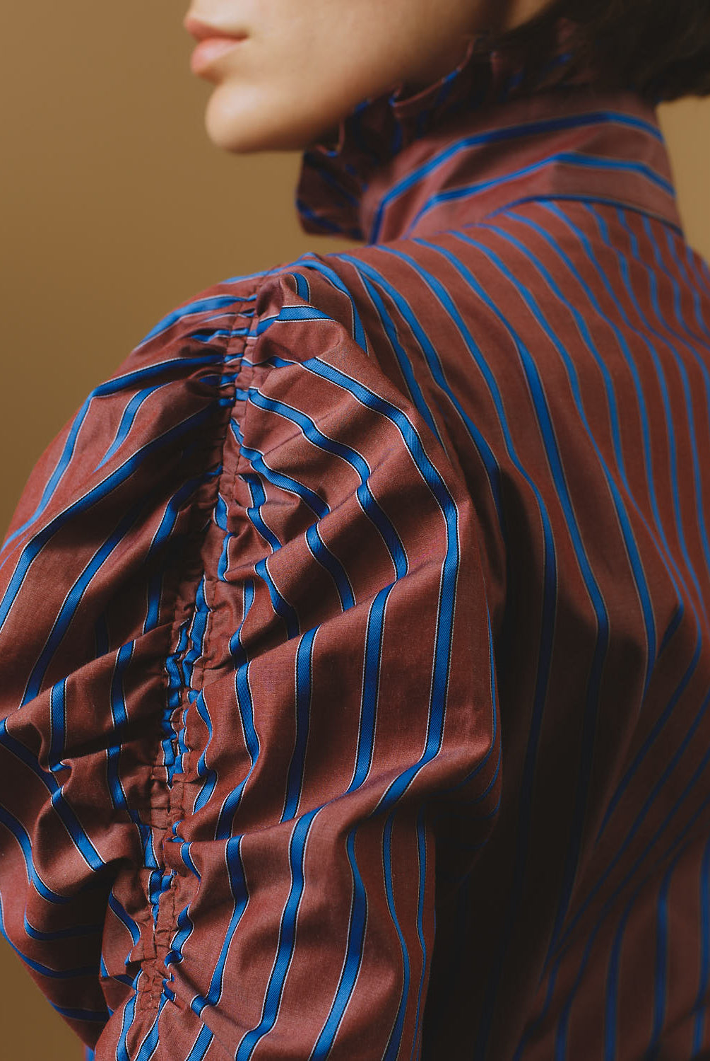 Sleeve detail Wind County Brown Blue Stripes Blouse by Thierry Colson
