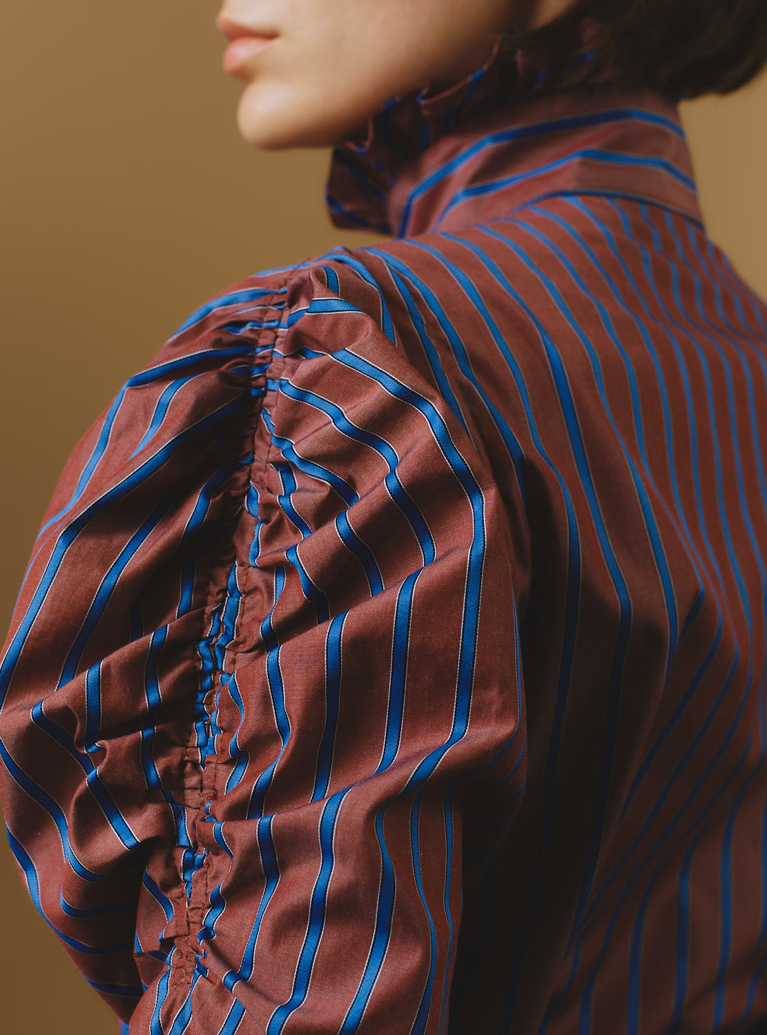 Sleeve detail Wind County Brown Blue Stripes Blouse by Thierry Colson