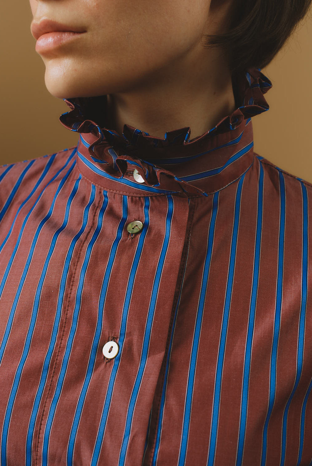 Collar detail of Wind County Brown Blue Stripes Blouse by Thierry Colson