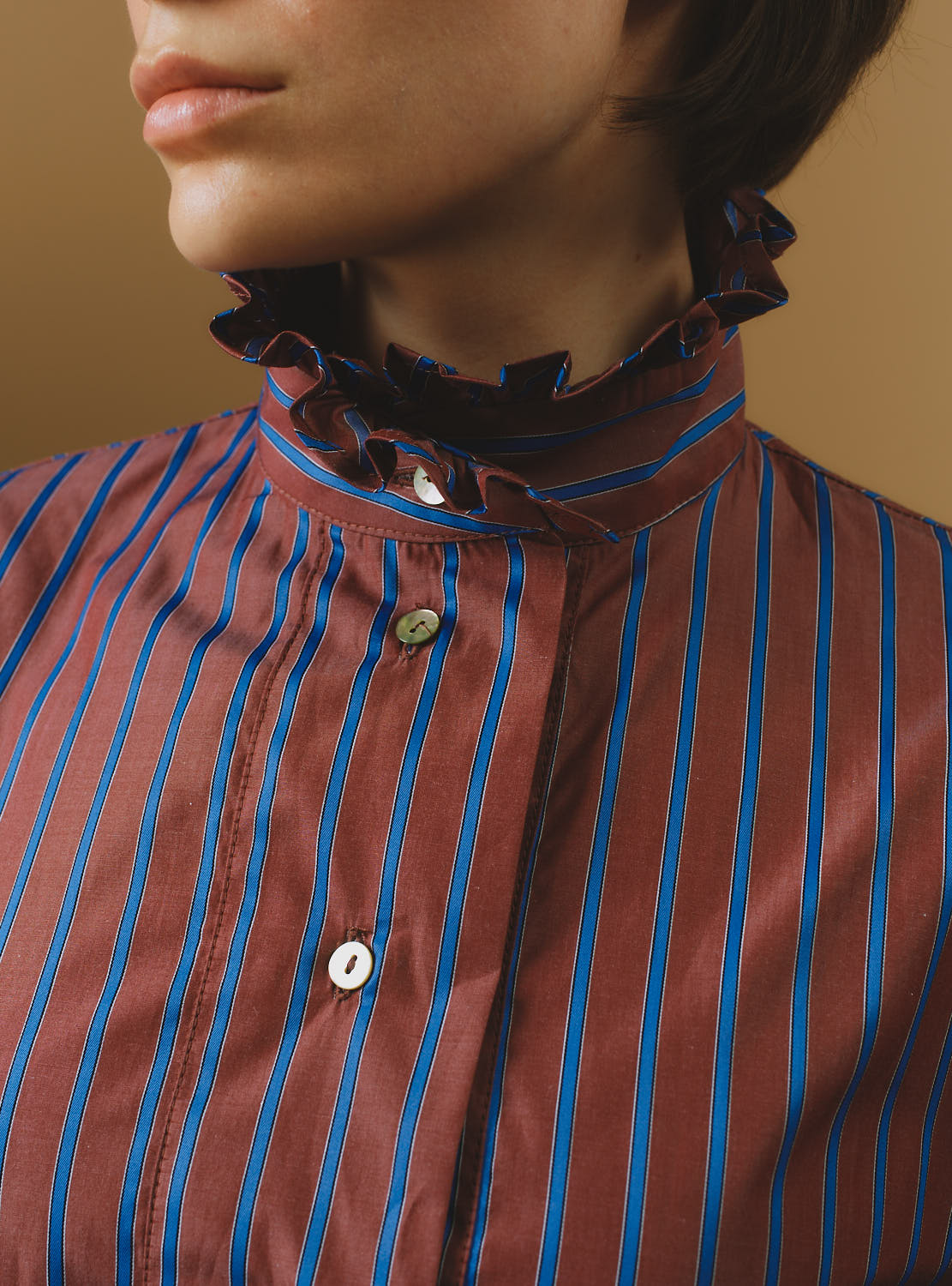 Collar detail of Wind County Brown Blue Stripes Blouse by Thierry Colson